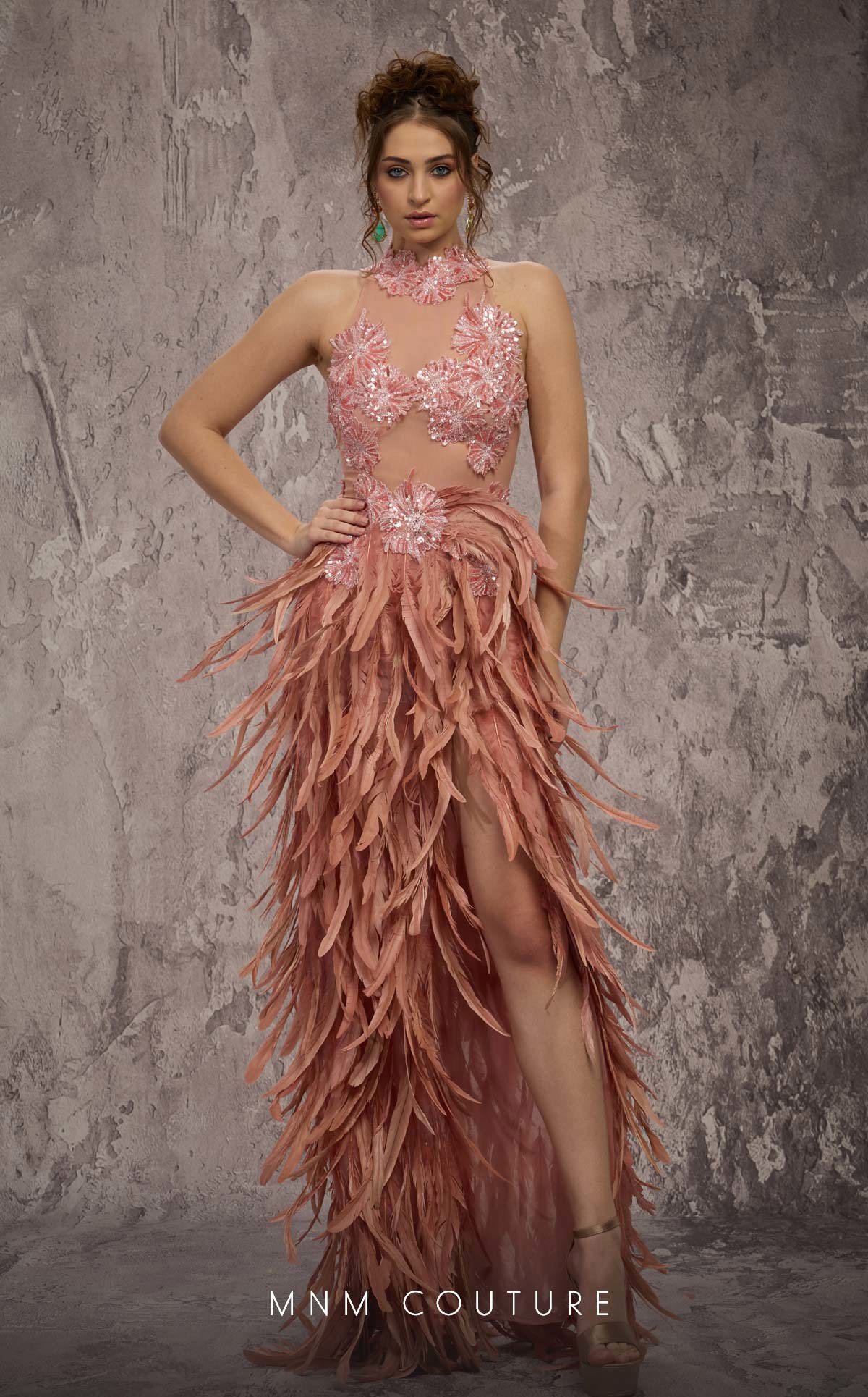 High Neck Long Feather Prom Dress by MNM Couture J03381 in Salmon