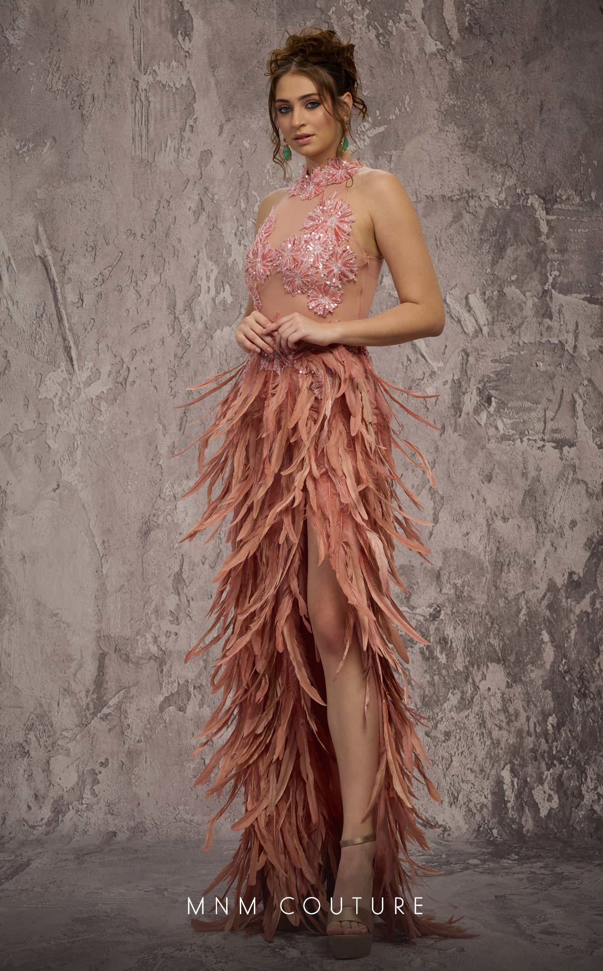 High Neck Long Feather Prom Dress by MNM Couture J03381 in Salmon