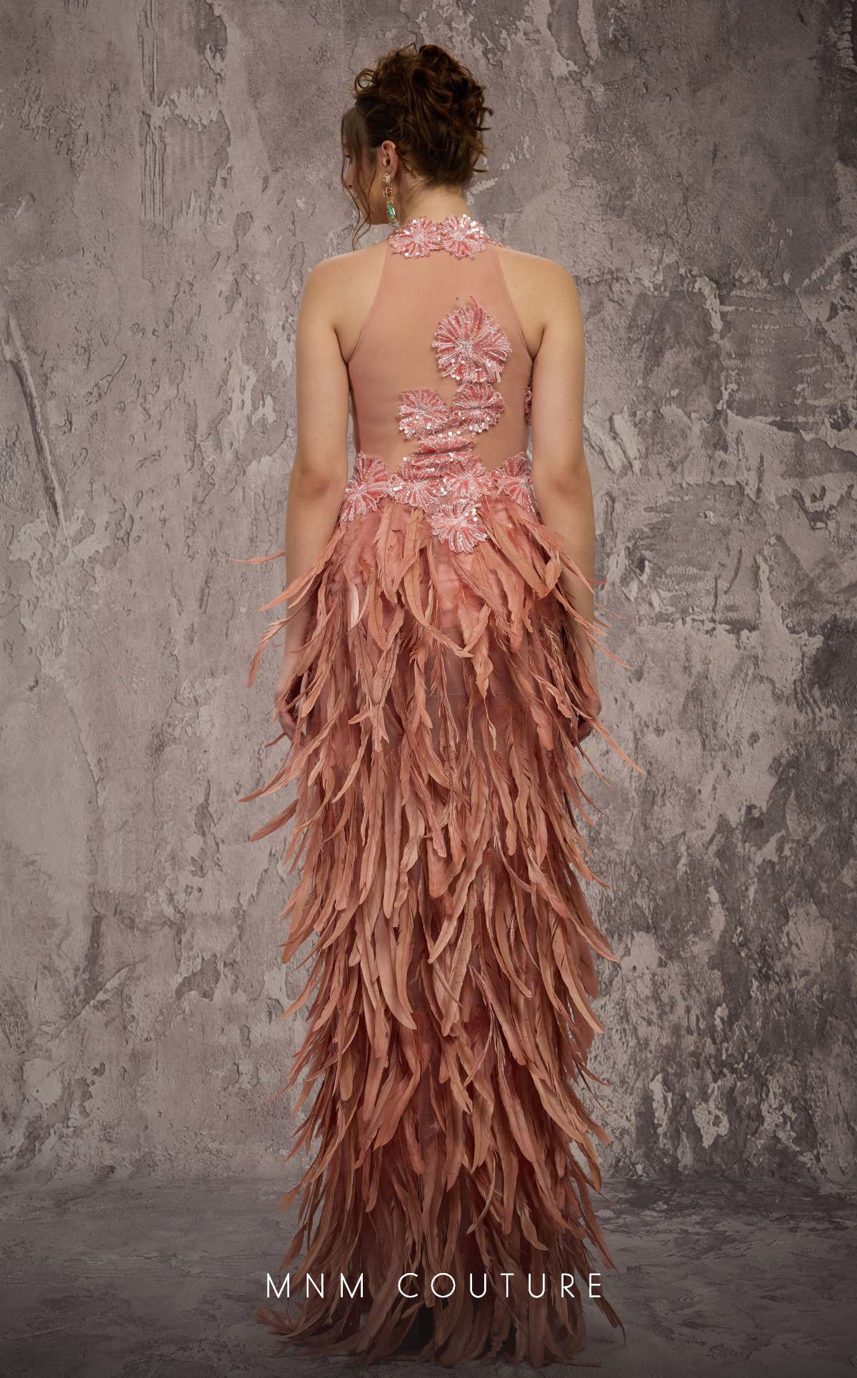 High Neck Long Feather Prom Dress by MNM Couture J03381 in Salmon