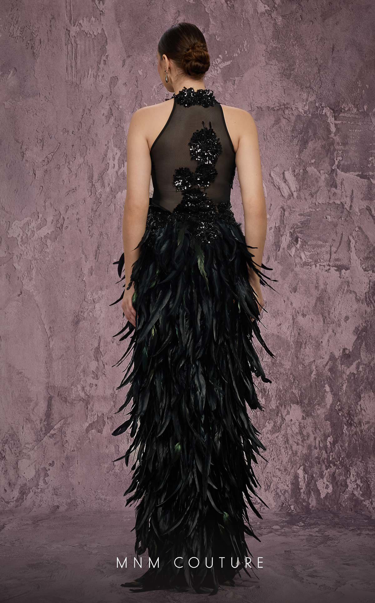 High Neck Long Feather Prom Dress by MNM Couture J03381 in Black
