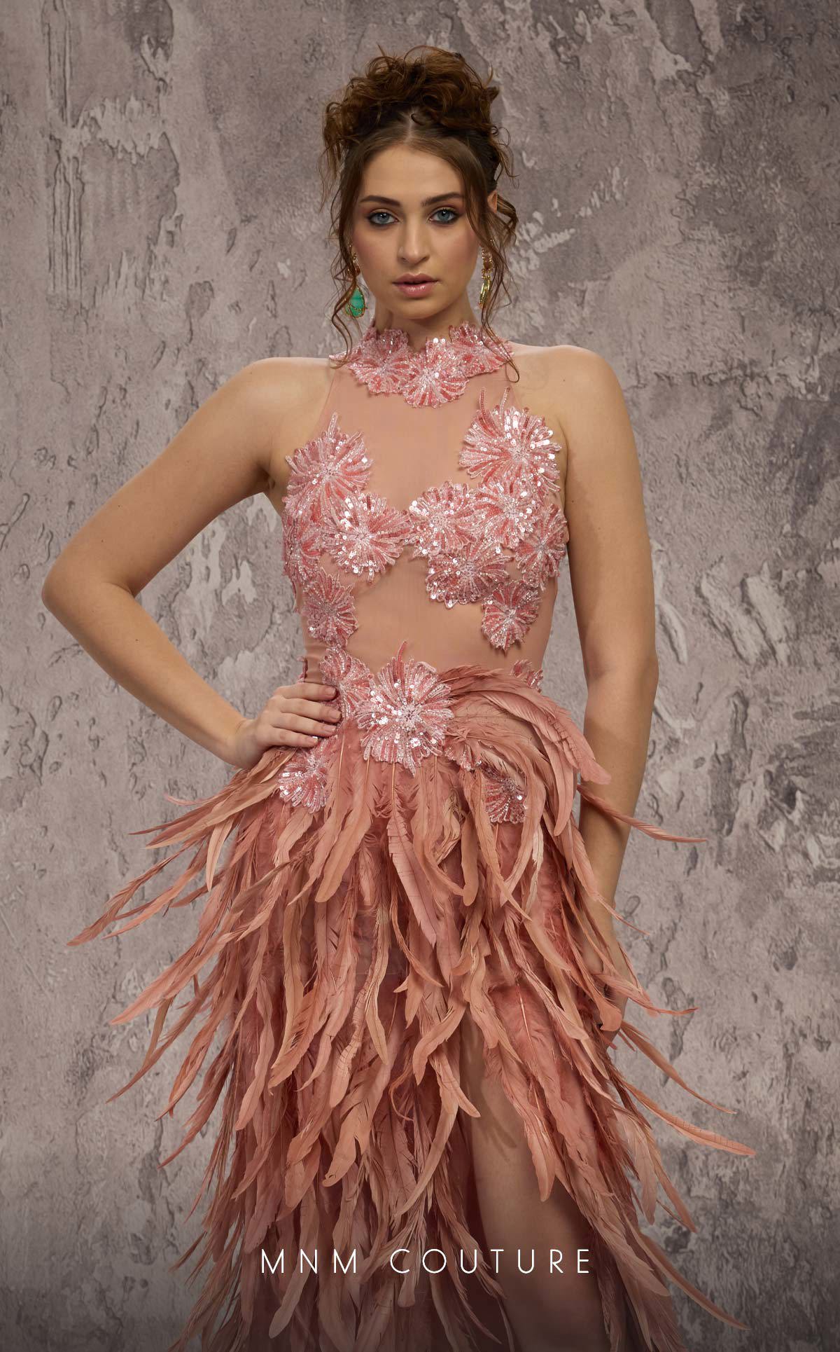High Neck Long Feather Prom Dress by MNM Couture J03381 in Salmon