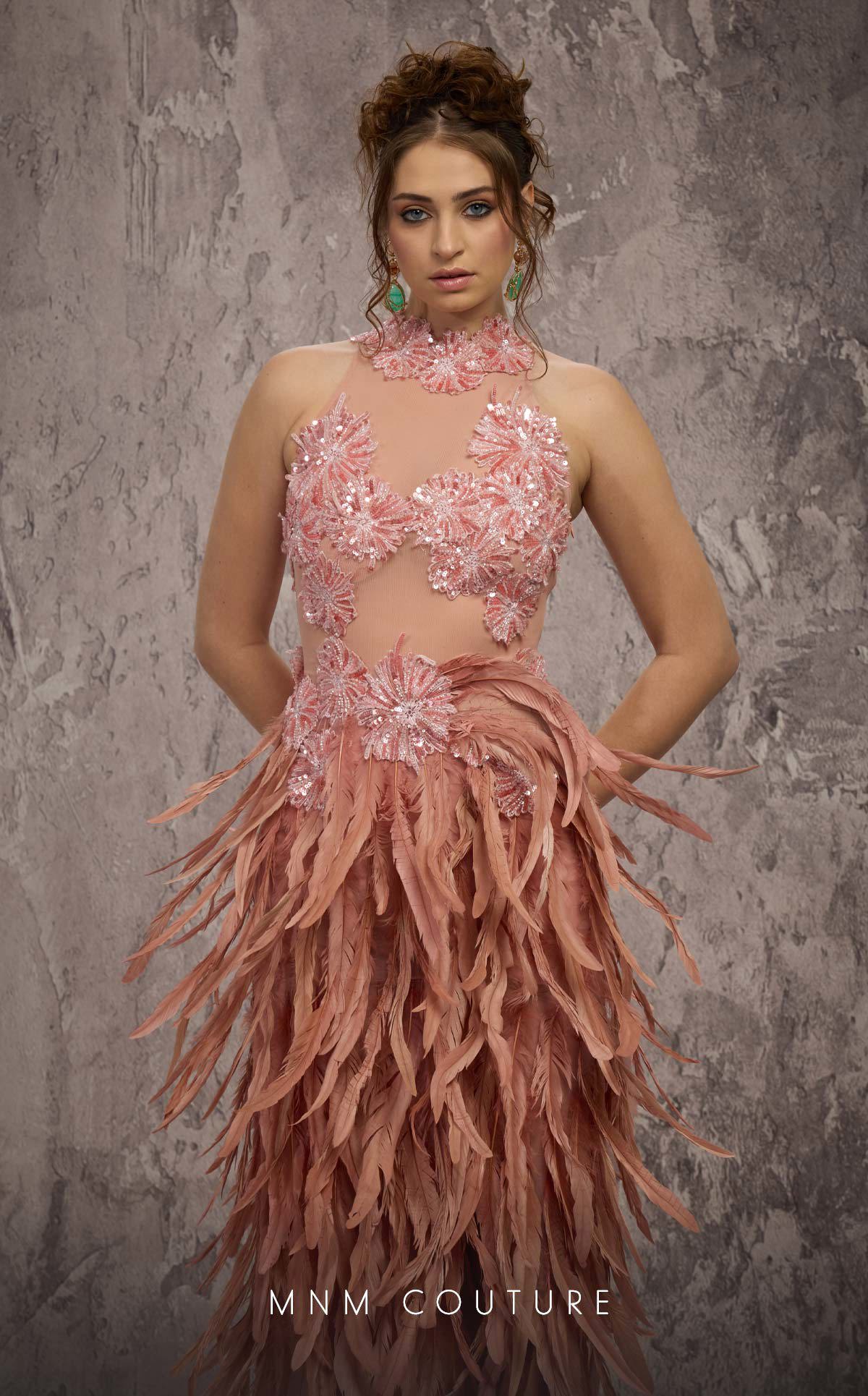 High Neck Long Feather Prom Dress by MNM Couture J03381 in Salmon