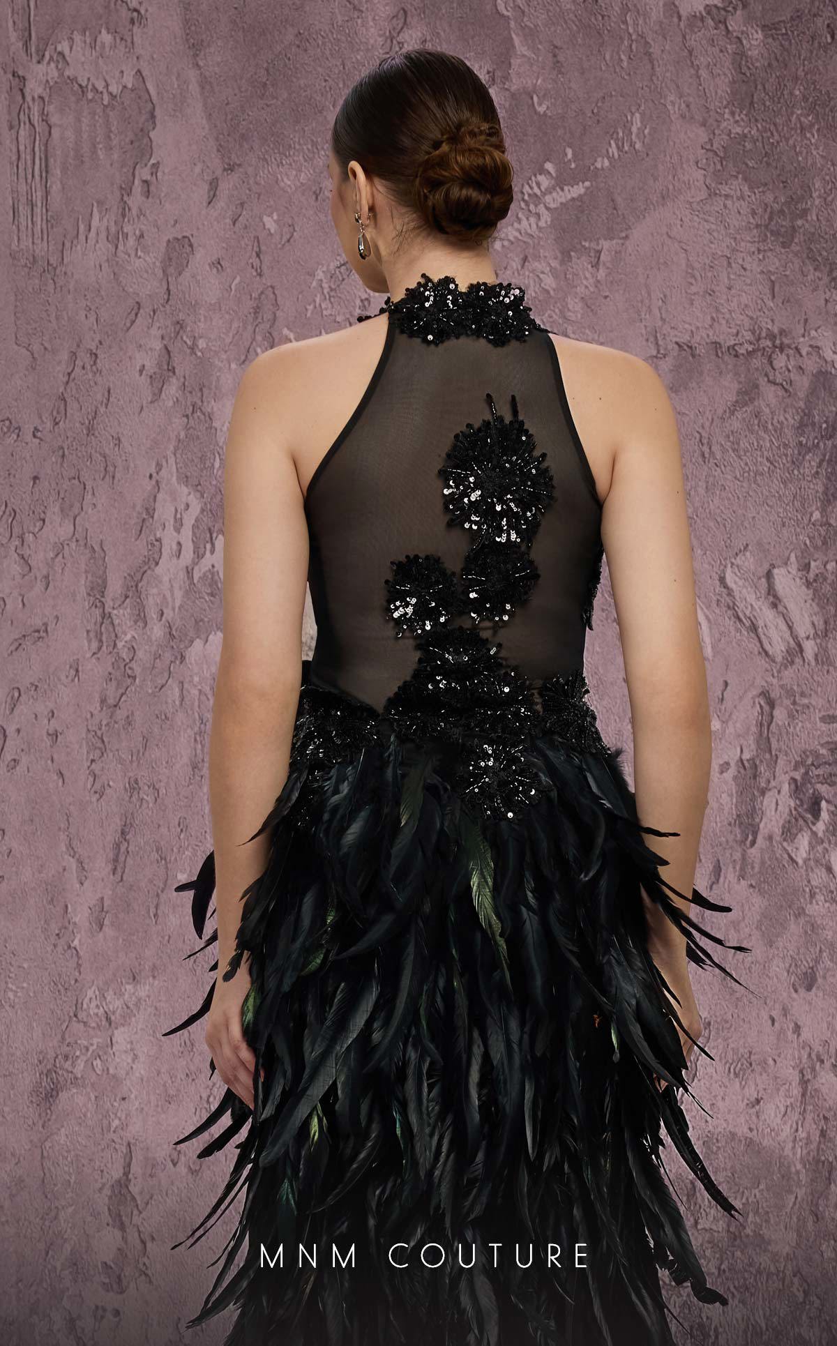 High Neck Long Feather Prom Dress by MNM Couture J03381 in Black