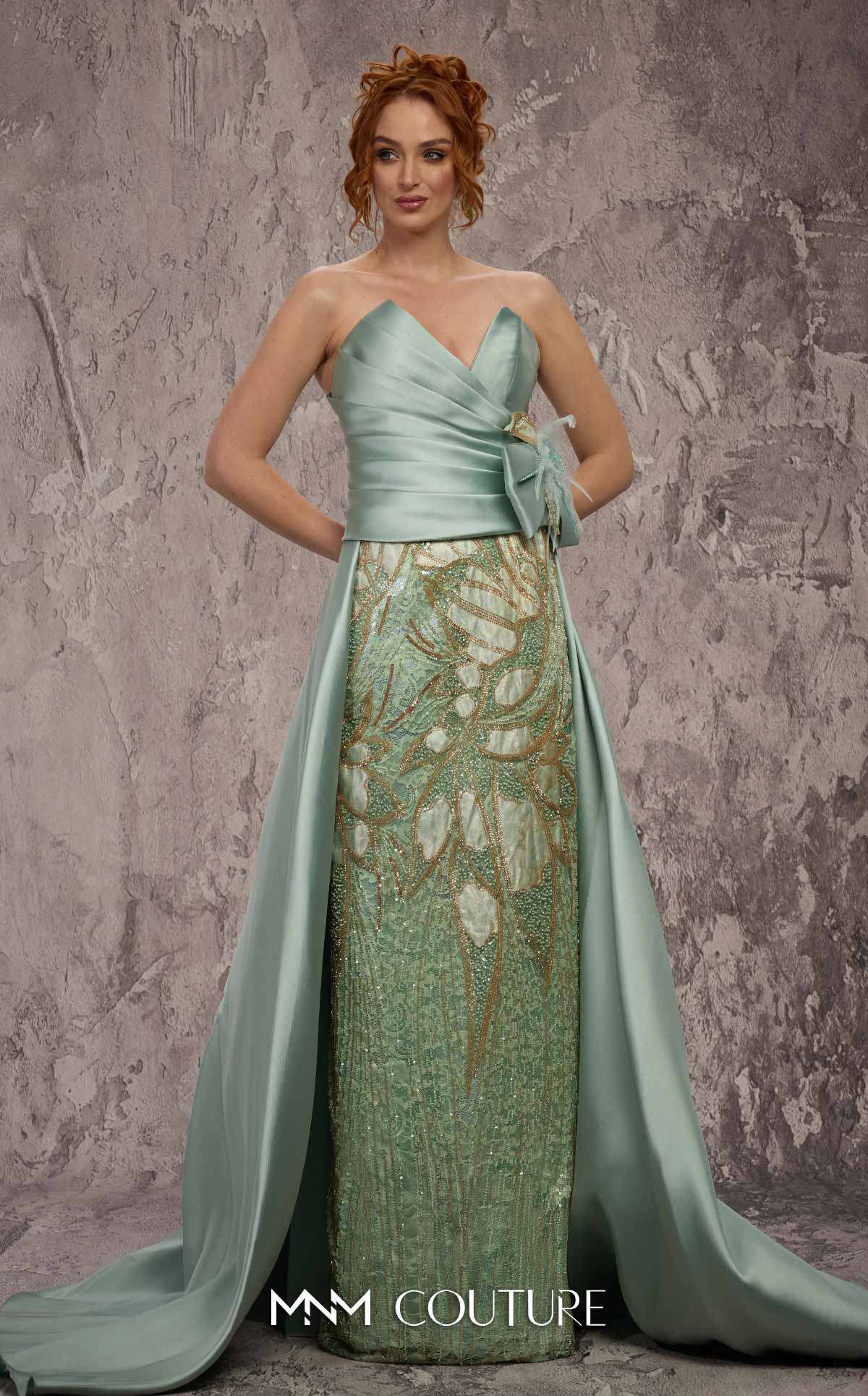 Strapless Gown Embellished Formal Dress by MNM Couture J03497 in Gold Mint