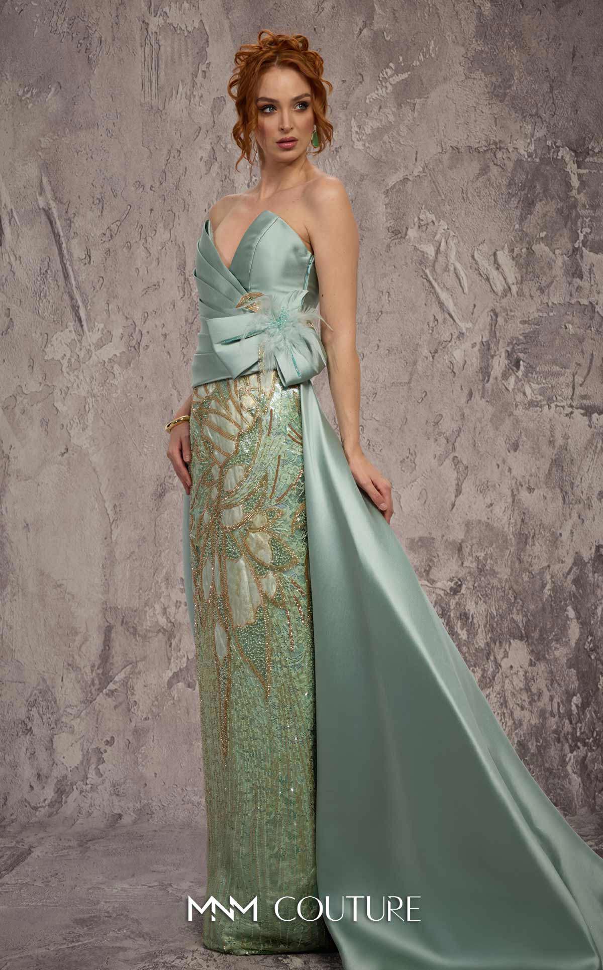 Strapless Gown Embellished Formal Dress by MNM Couture J03497 in Gold Mint