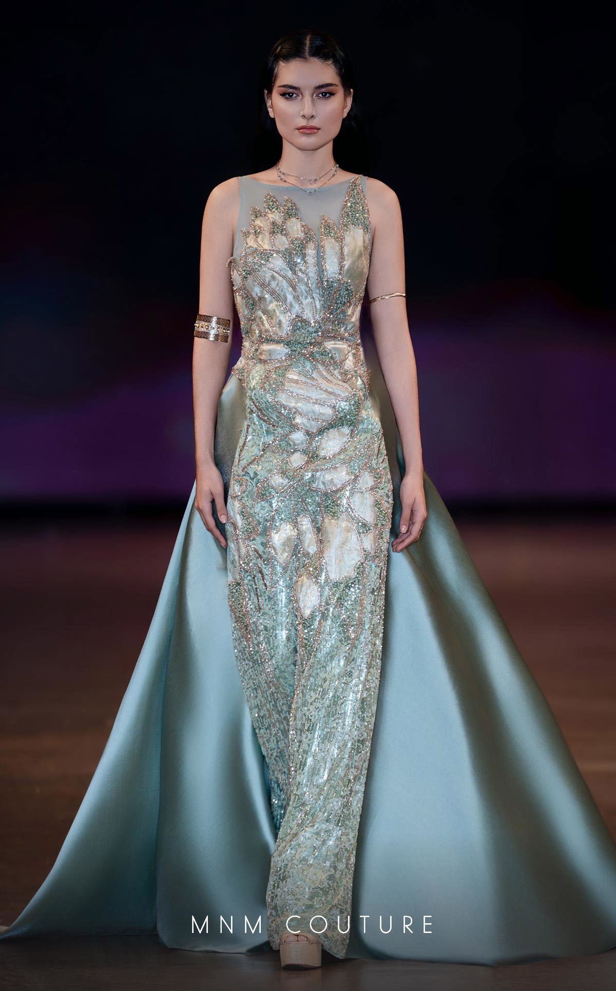Illusion Sleeveless Beaded Evening Gown by MNM Couture J03503 in Mint