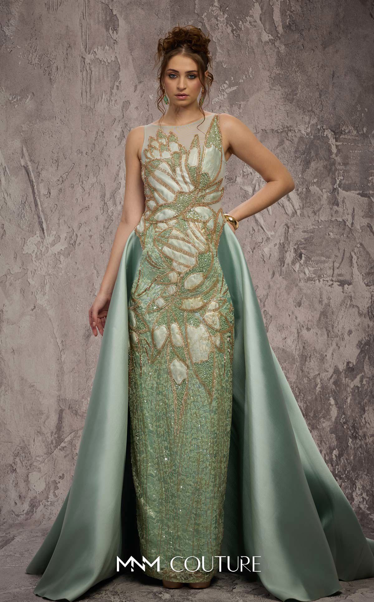 Illusion Sleeveless Beaded Evening Gown by MNM Couture J03503 in Mint
