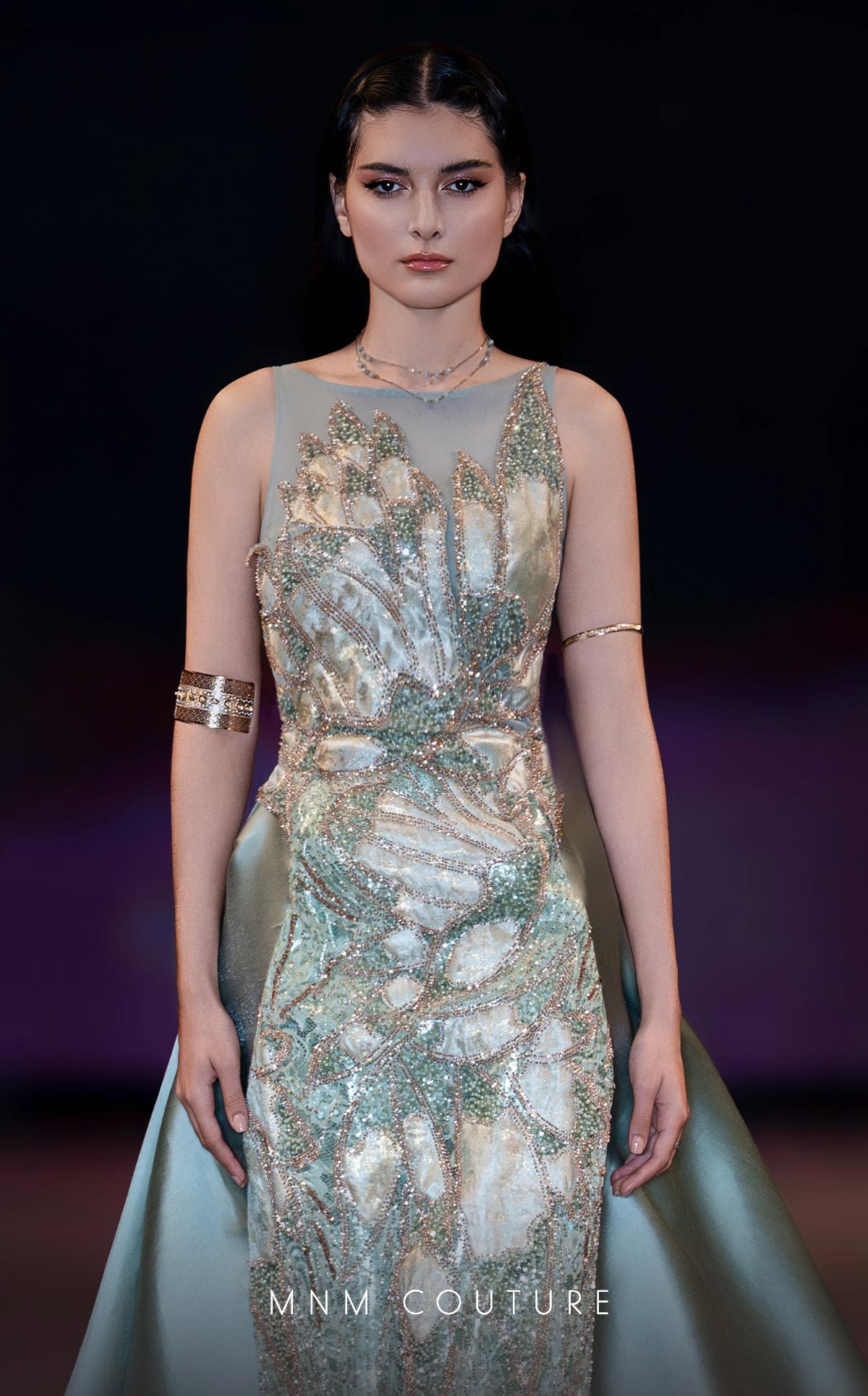Illusion Sleeveless Beaded Evening Gown by MNM Couture J03503 in Mint