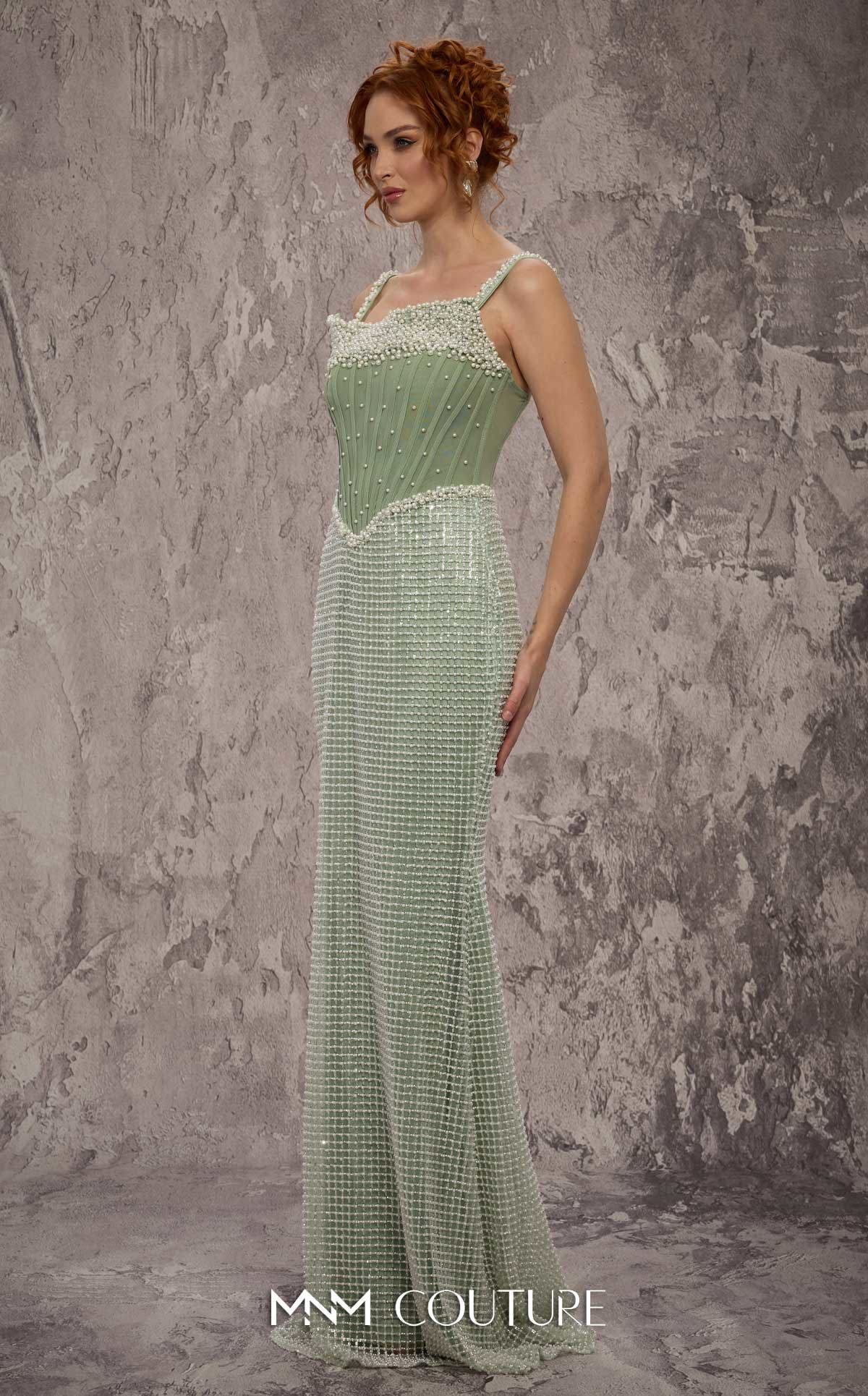 Straight Neckline Long Beaded Evening Gown by MNM Couture J03553 in Mint