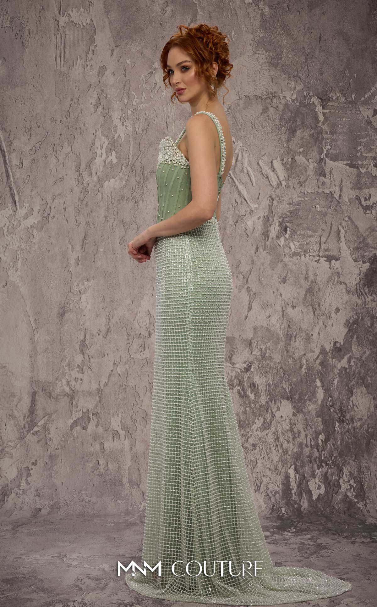 Straight Neckline Long Beaded Evening Gown by MNM Couture J03553 in Mint