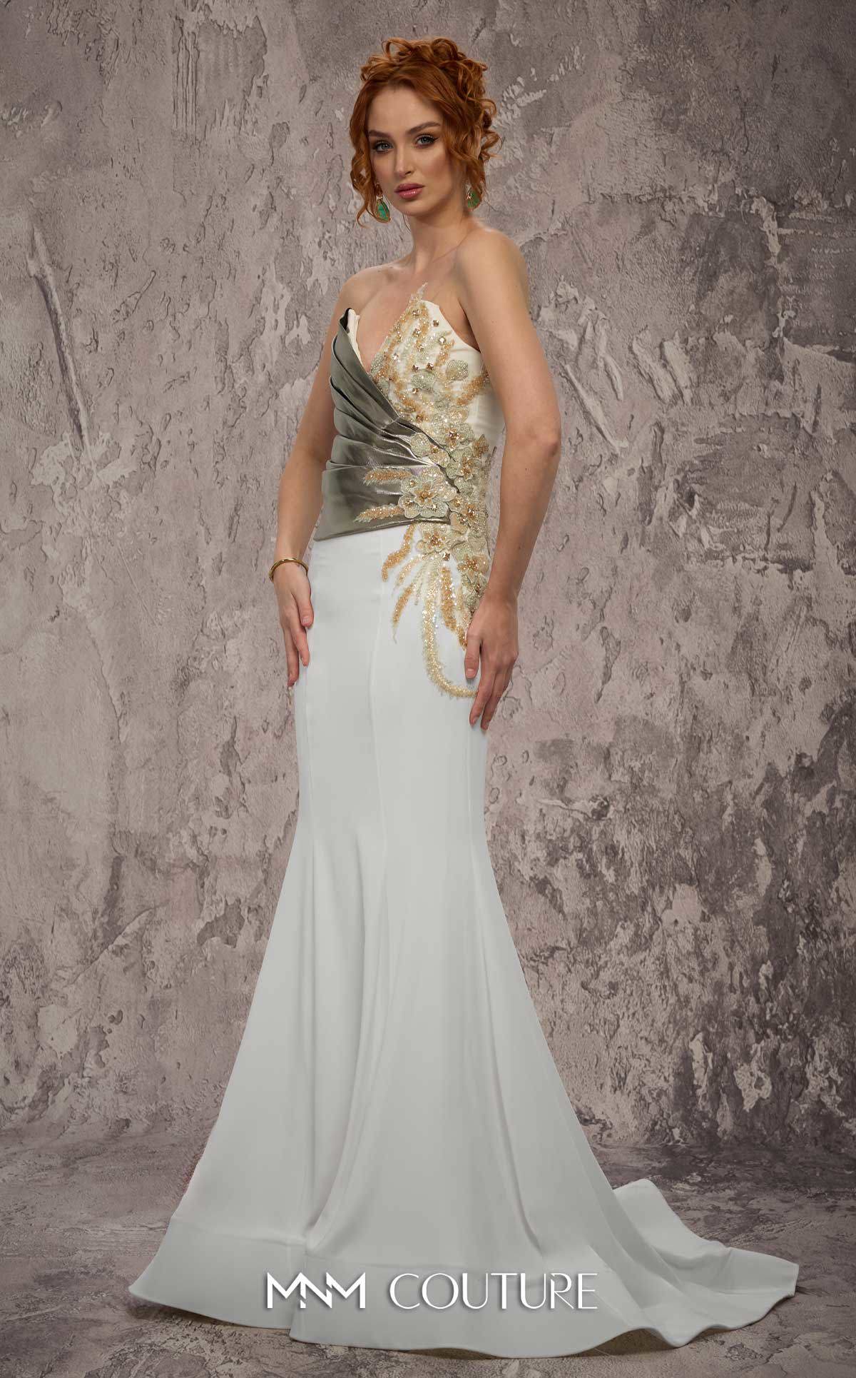 Strapless Mermaid Metallic Evening Gown by MNM Couture J03554 in Grey