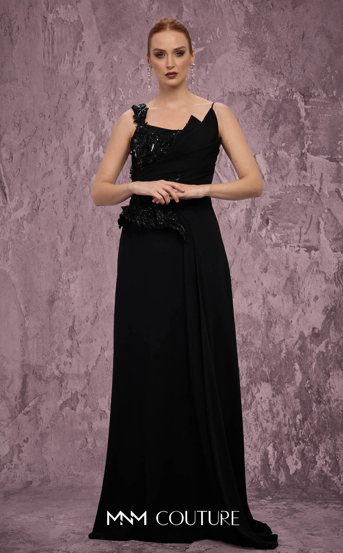Asymmetric Long Embellished Evening Gown by MNM Couture J03563 in Black