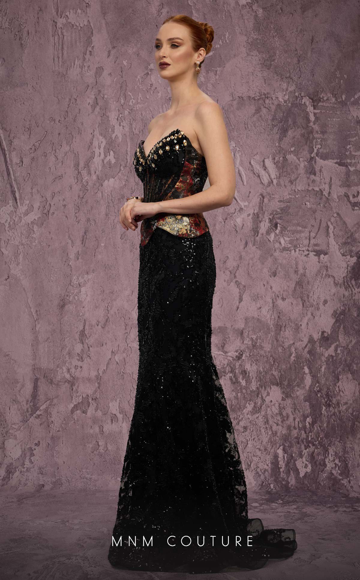 Strapless Long Sequin Evening Gown by MNM Couture J03569 in Black