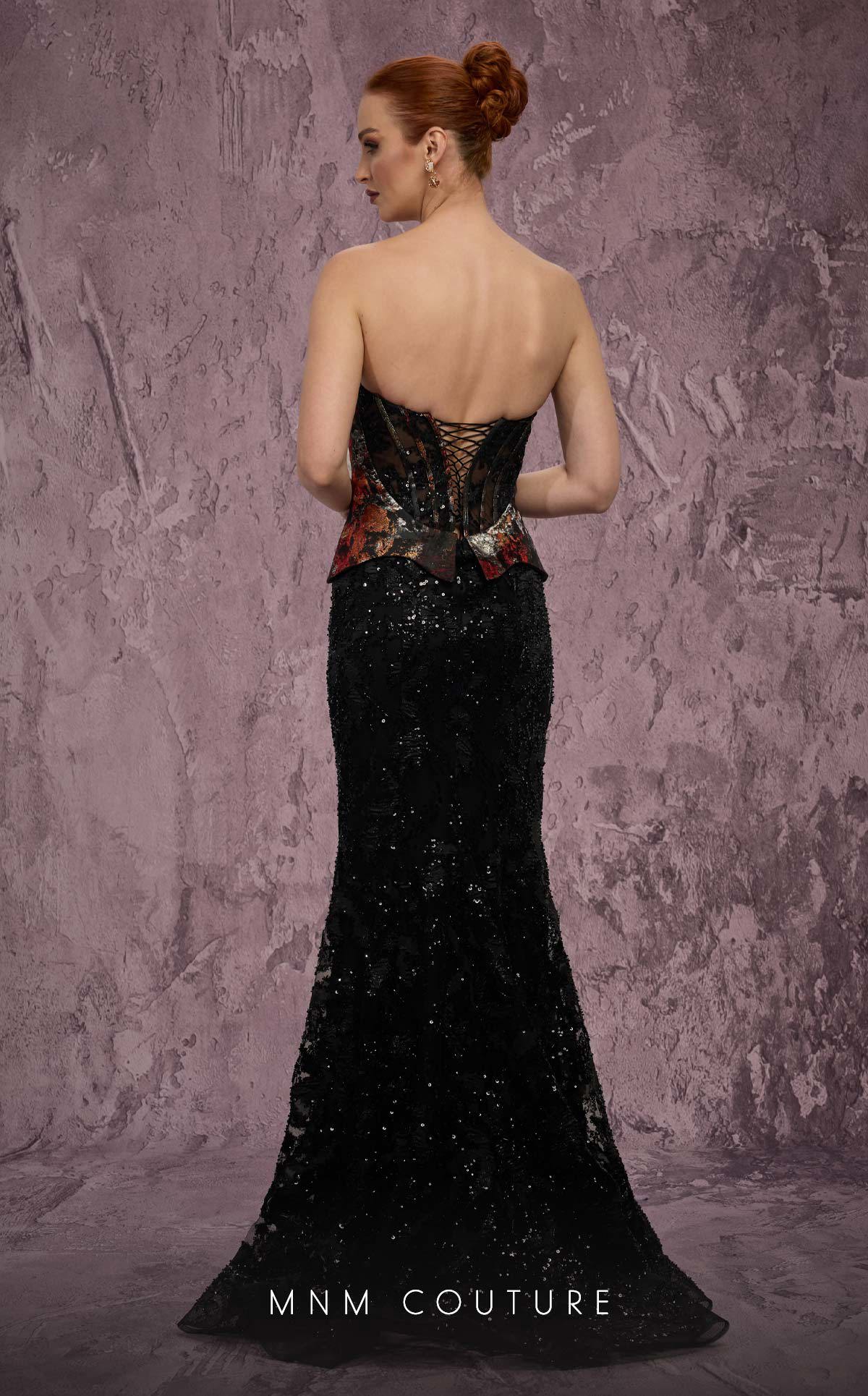 Strapless Long Sequin Evening Gown by MNM Couture J03569 in Black