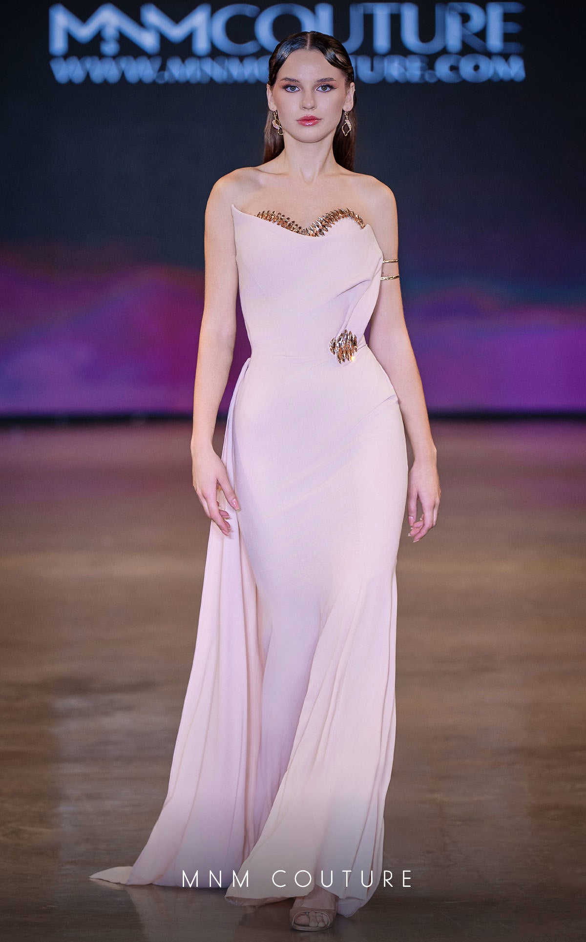 Strapless Long Crepe Evening Gown by MNM Couture J03584 in Salmon