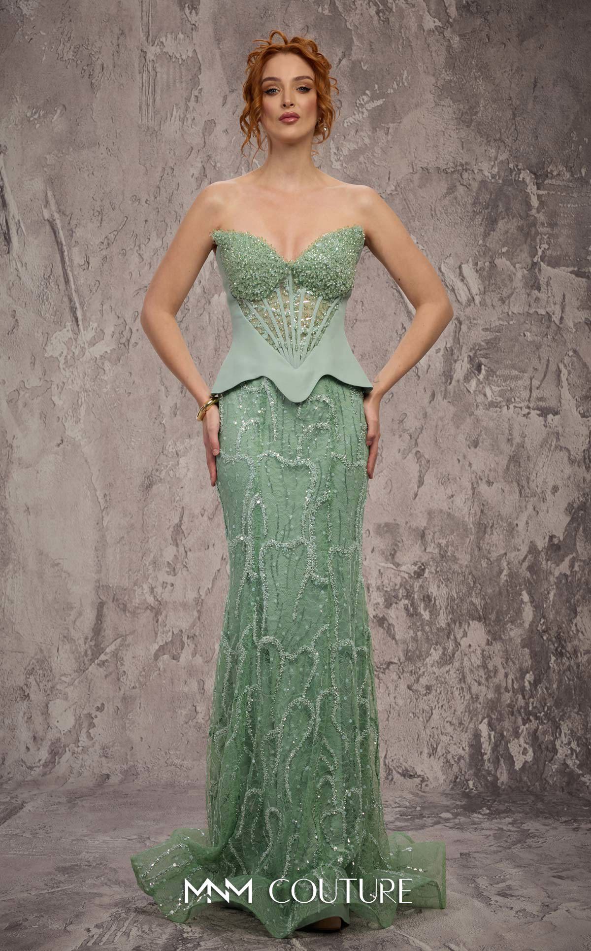 Strapless Long Embellished Formal Gown by MNM Couture J03585 in Mint