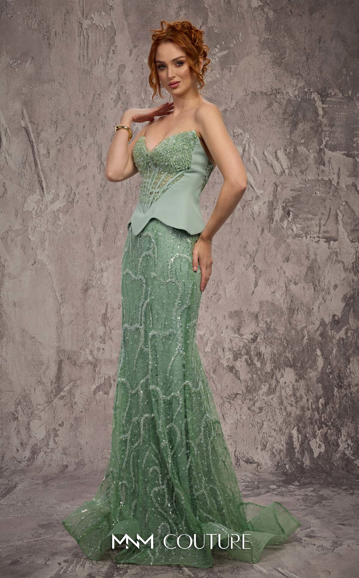 Strapless Long Embellished Formal Gown by MNM Couture J03585 in Mint