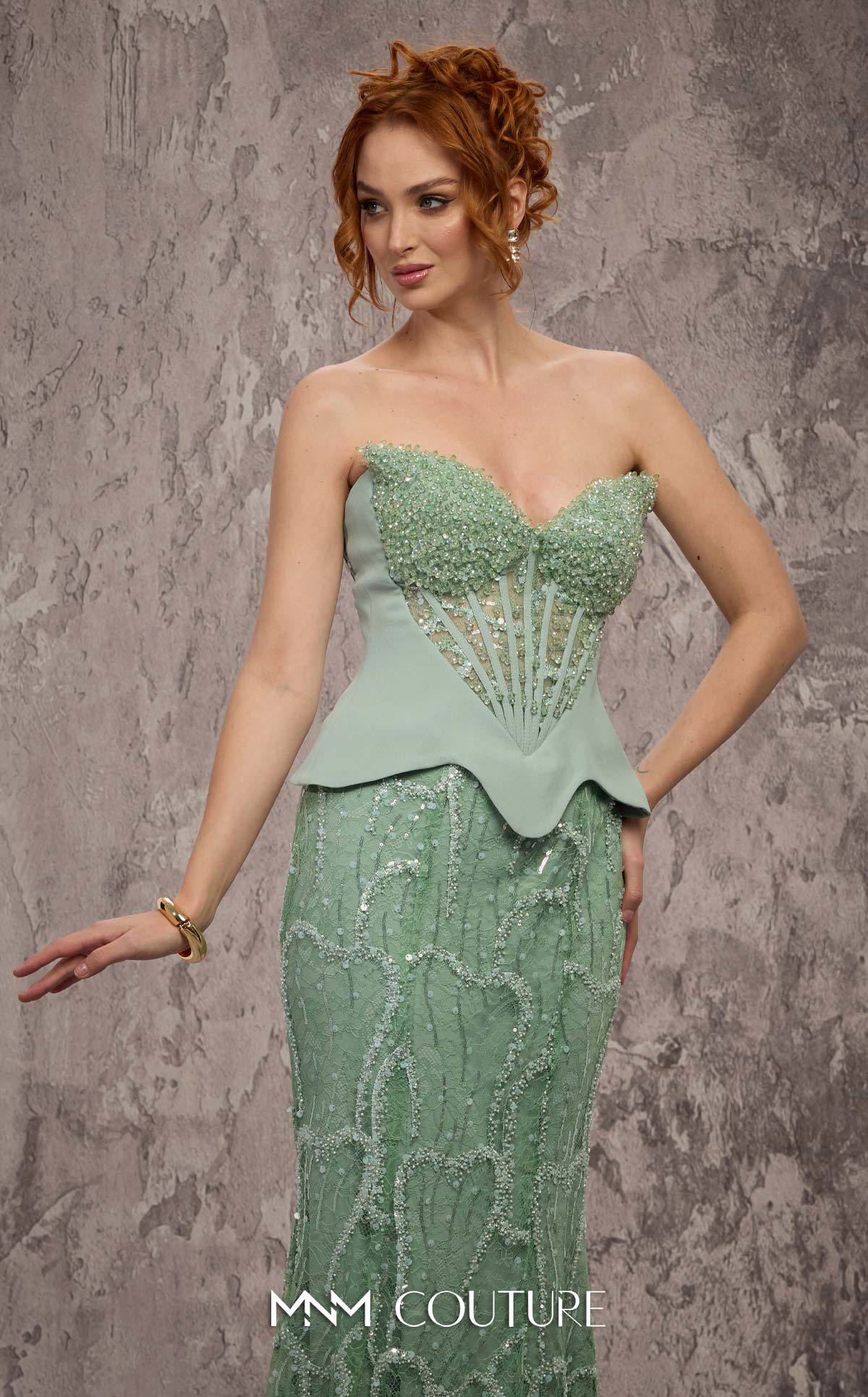 Strapless Long Embellished Formal Gown by MNM Couture J03585 in Mint