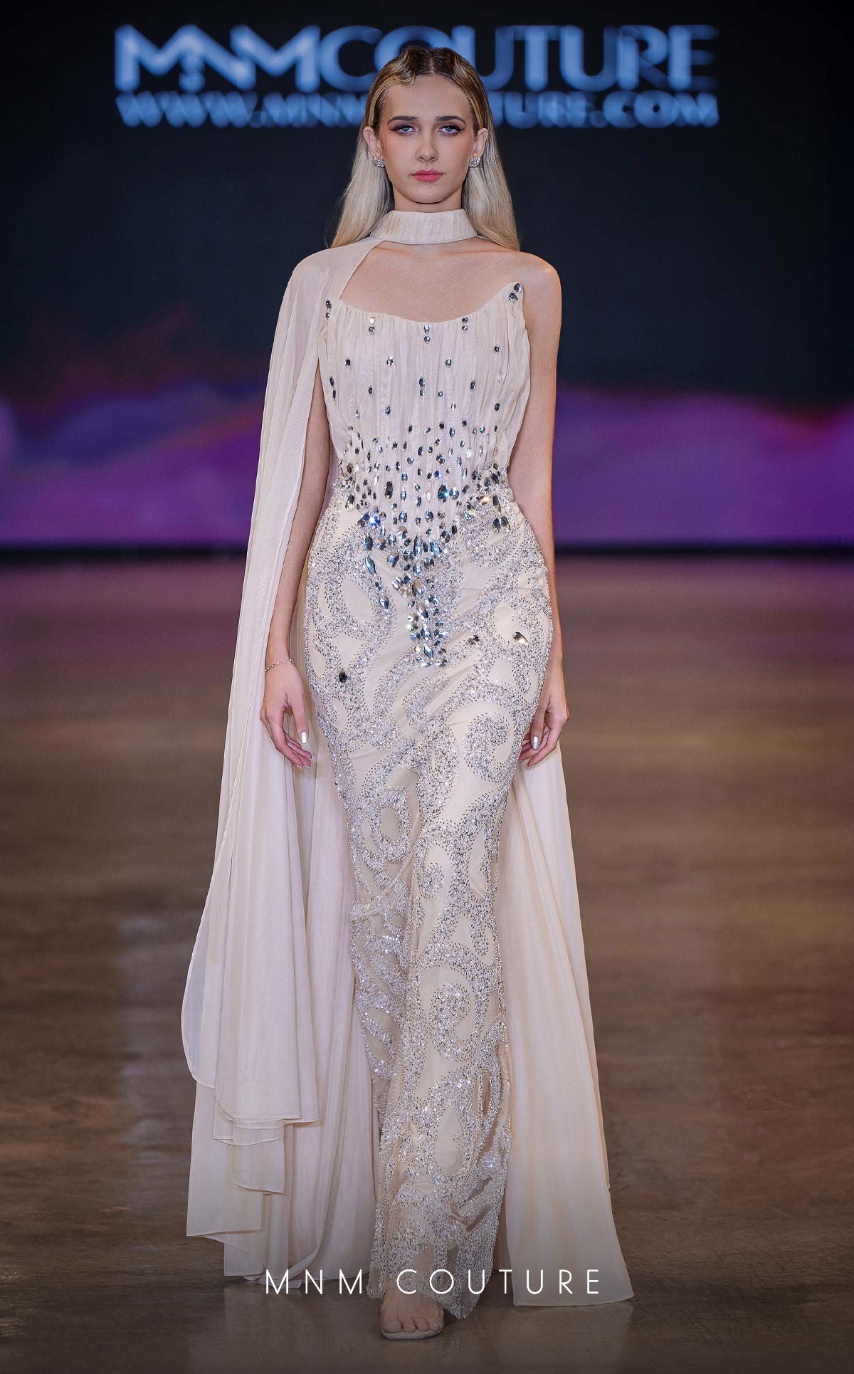 High Neck Sleeveless Beaded Evening Gown by MNM Couture J03590 in Gold
