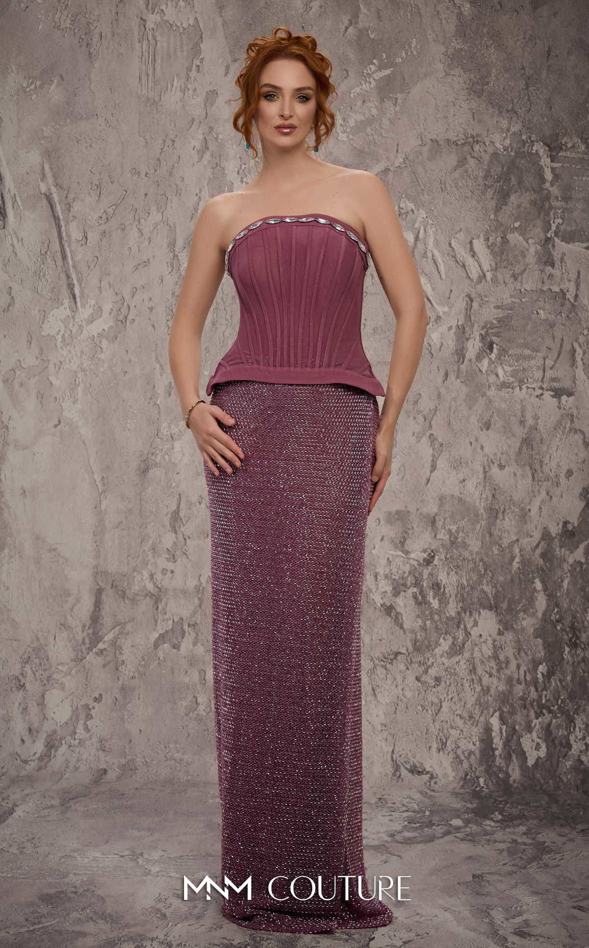 Strapless Long Beaded Prom Dress by MNM Couture J03595 in Purple