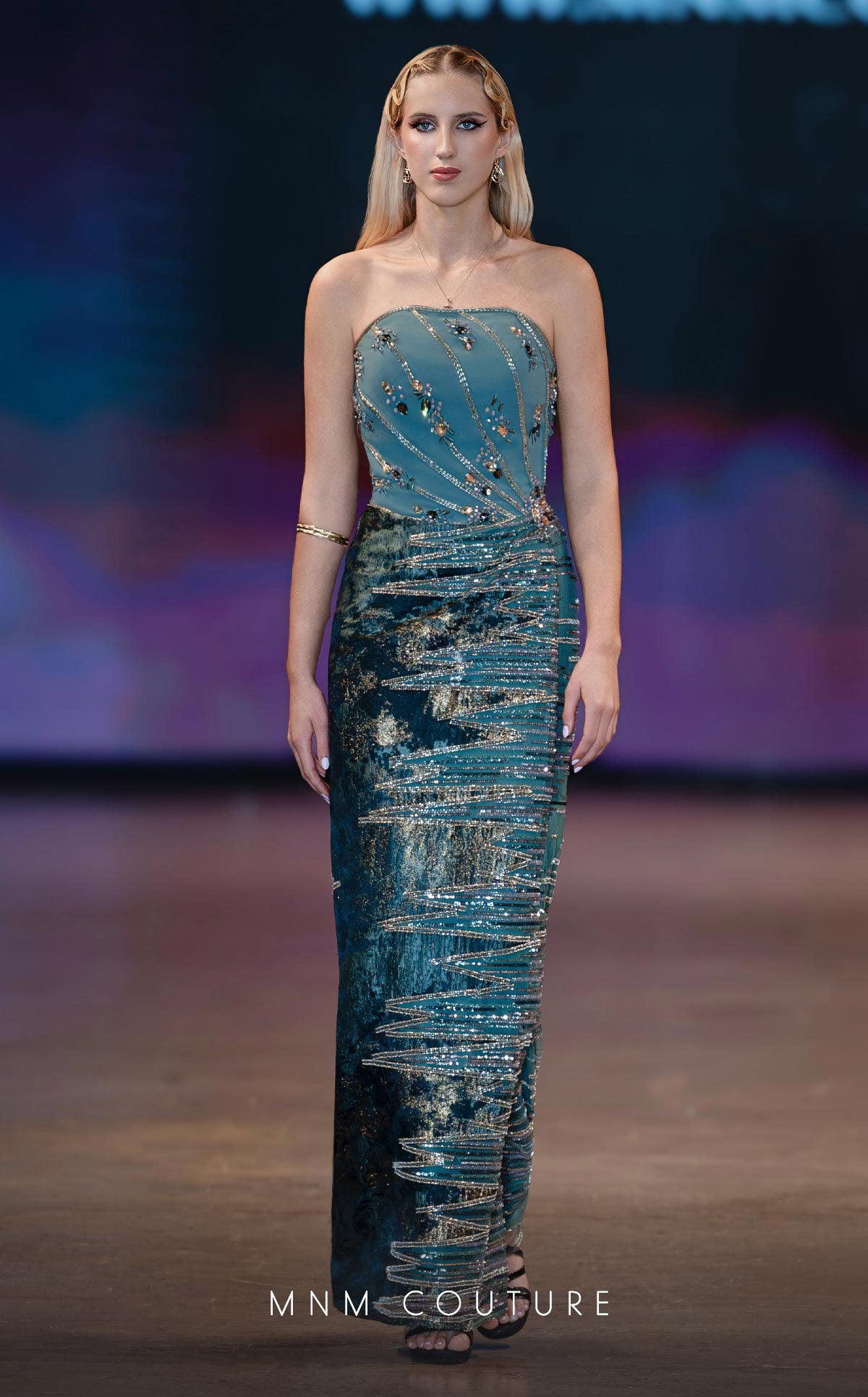 Strapless Long Embellished Evening Gown by MNM Couture J03597 in Petrol