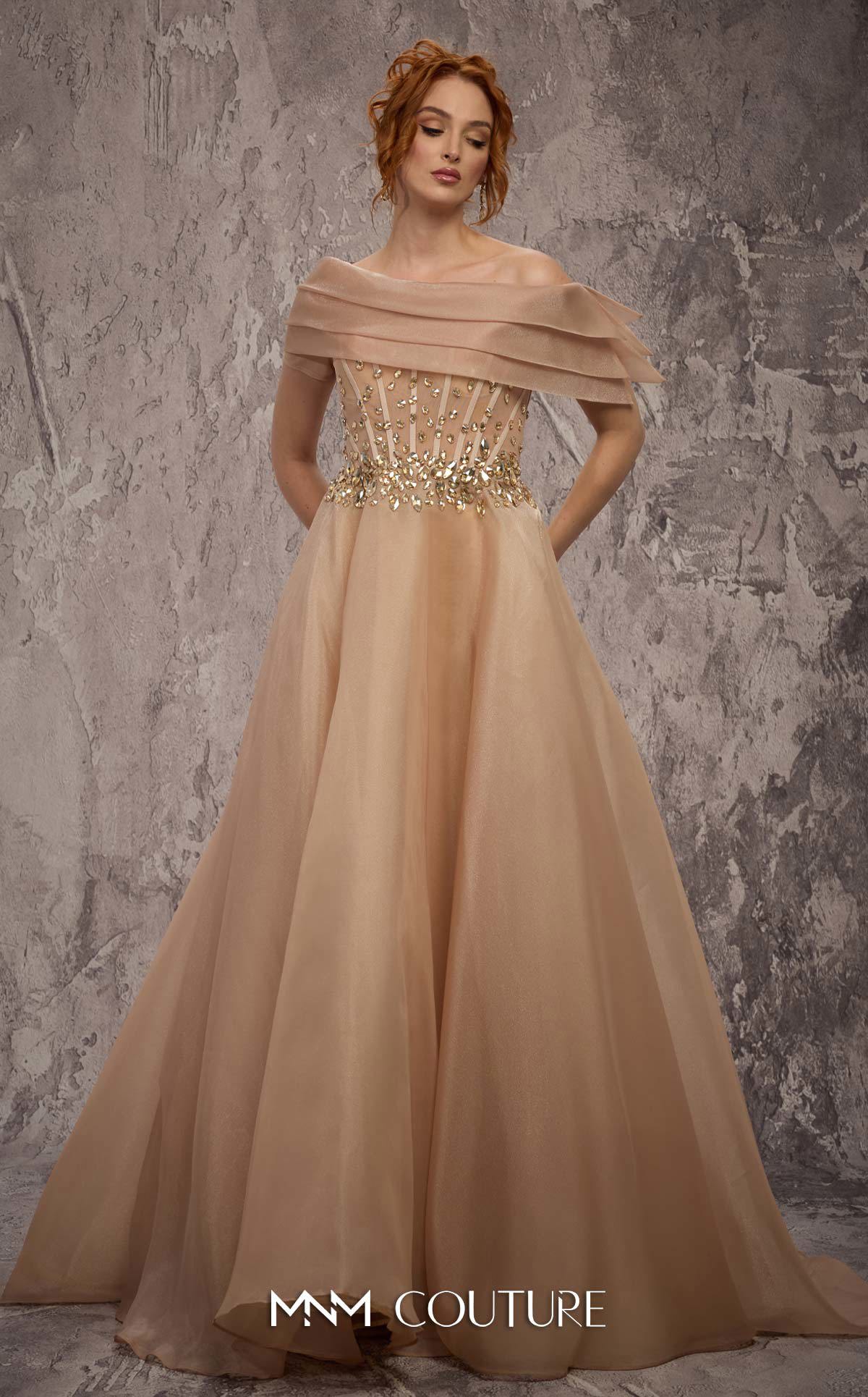 Off-Shoulder A-Line Tulle Evening Gown by MNM Couture J03599 in Beige