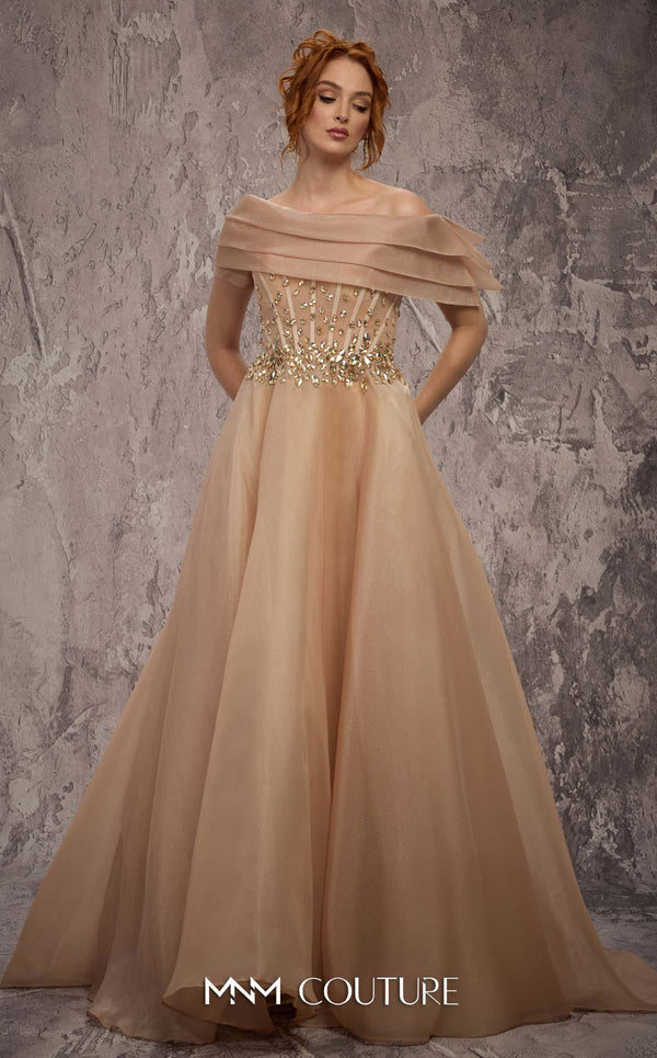 Off-Shoulder A-Line Tulle Evening Gown by MNM Couture J03599