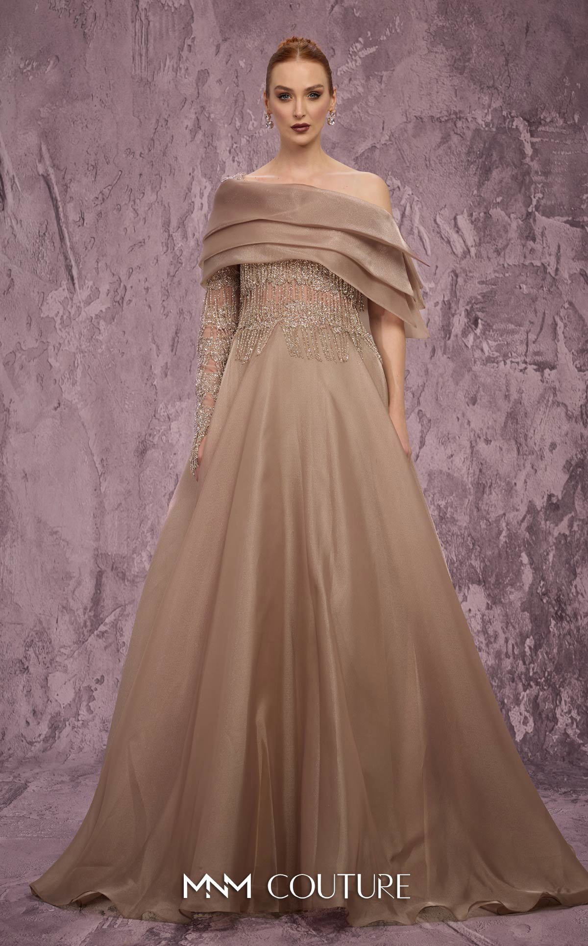 Off-Shoulder A-Line Tulle Evening Gown by MNM Couture J03599 in Beige