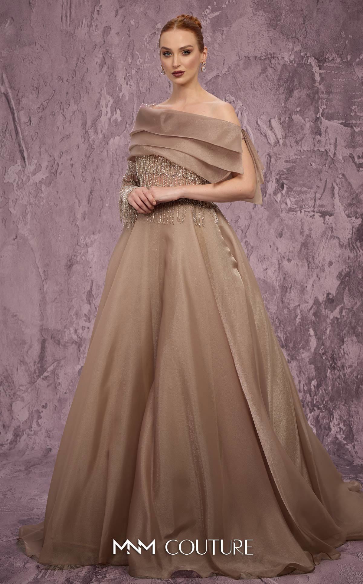 Off-Shoulder A-Line Tulle Evening Gown by MNM Couture J03599 in Beige