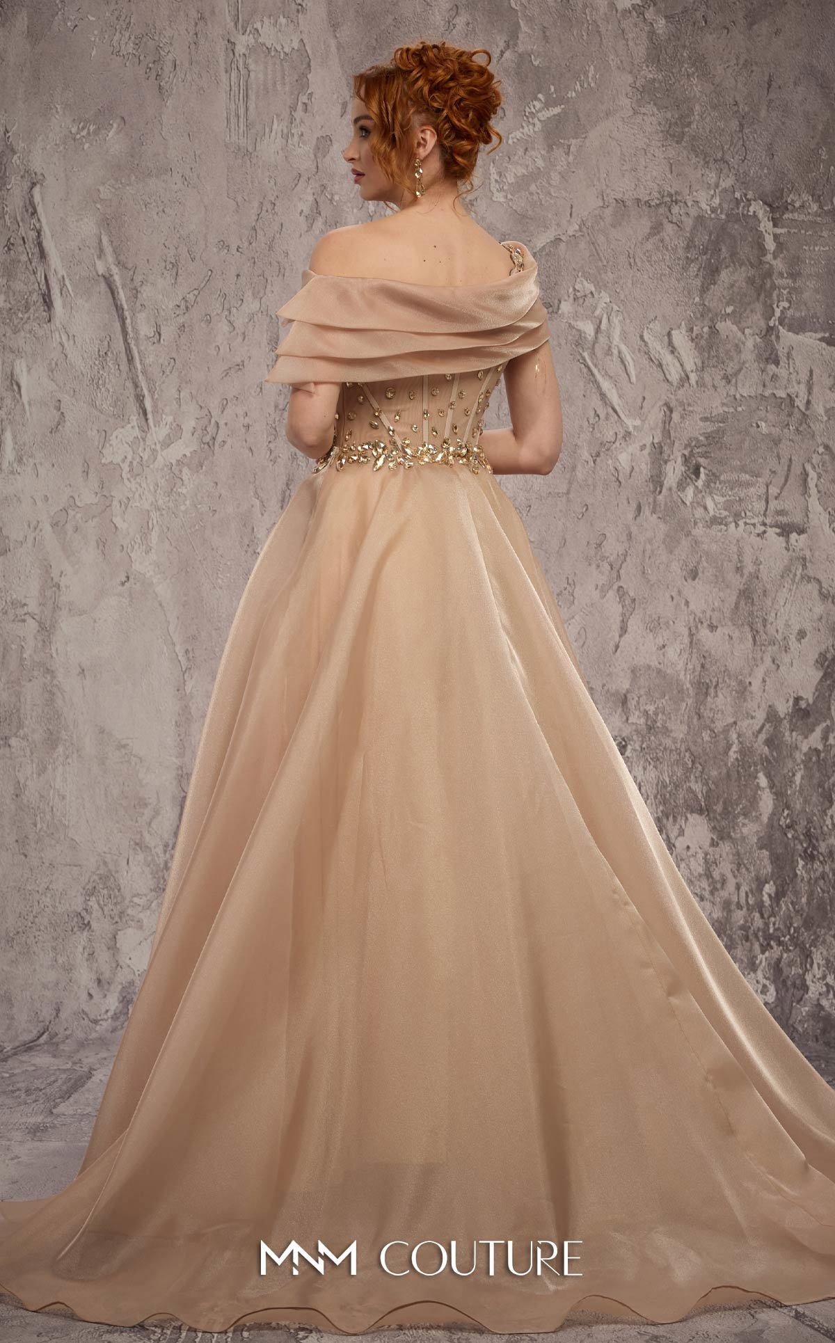 Off-Shoulder A-Line Tulle Evening Gown by MNM Couture J03599 in Beige