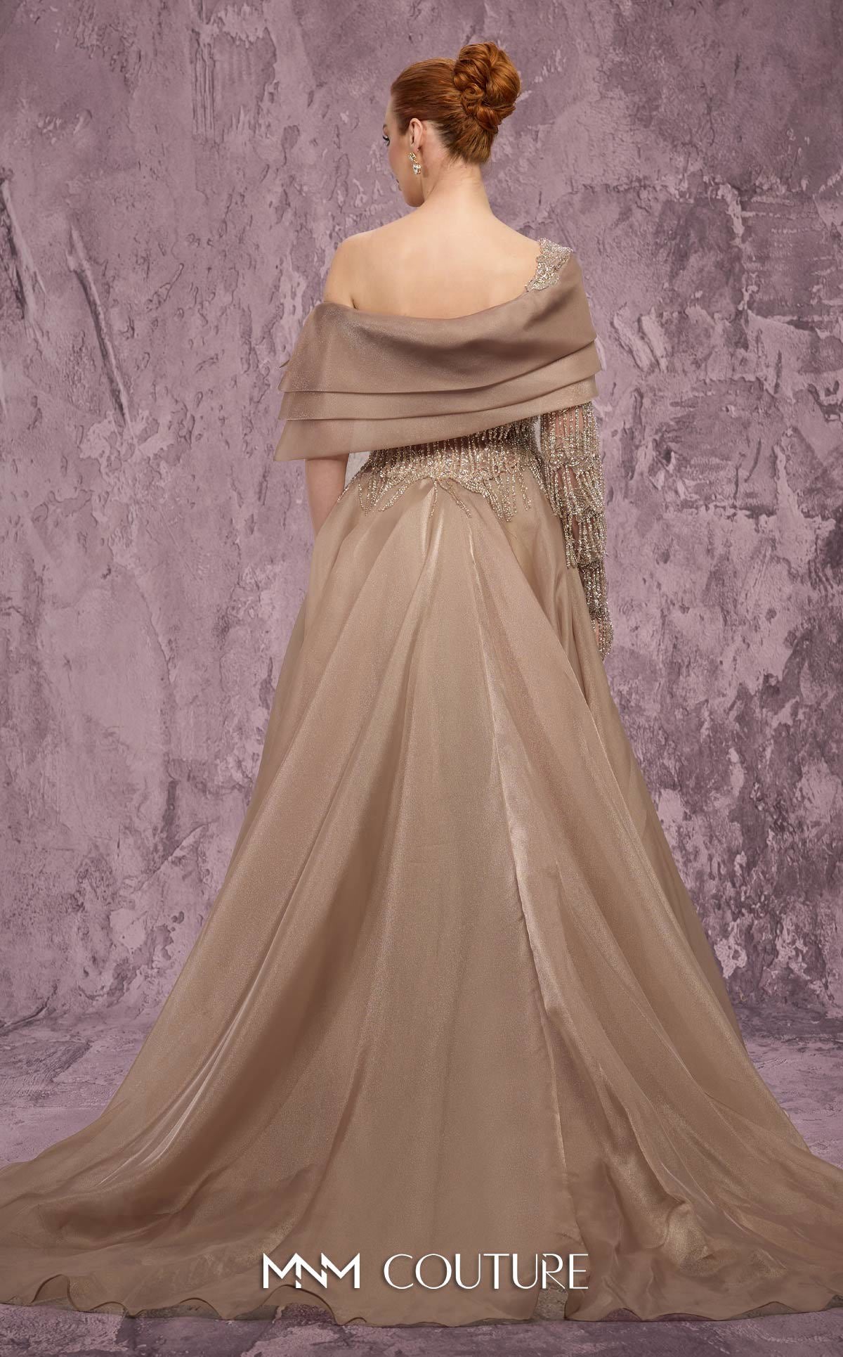 Off-Shoulder A-Line Tulle Evening Gown by MNM Couture J03599 in Beige