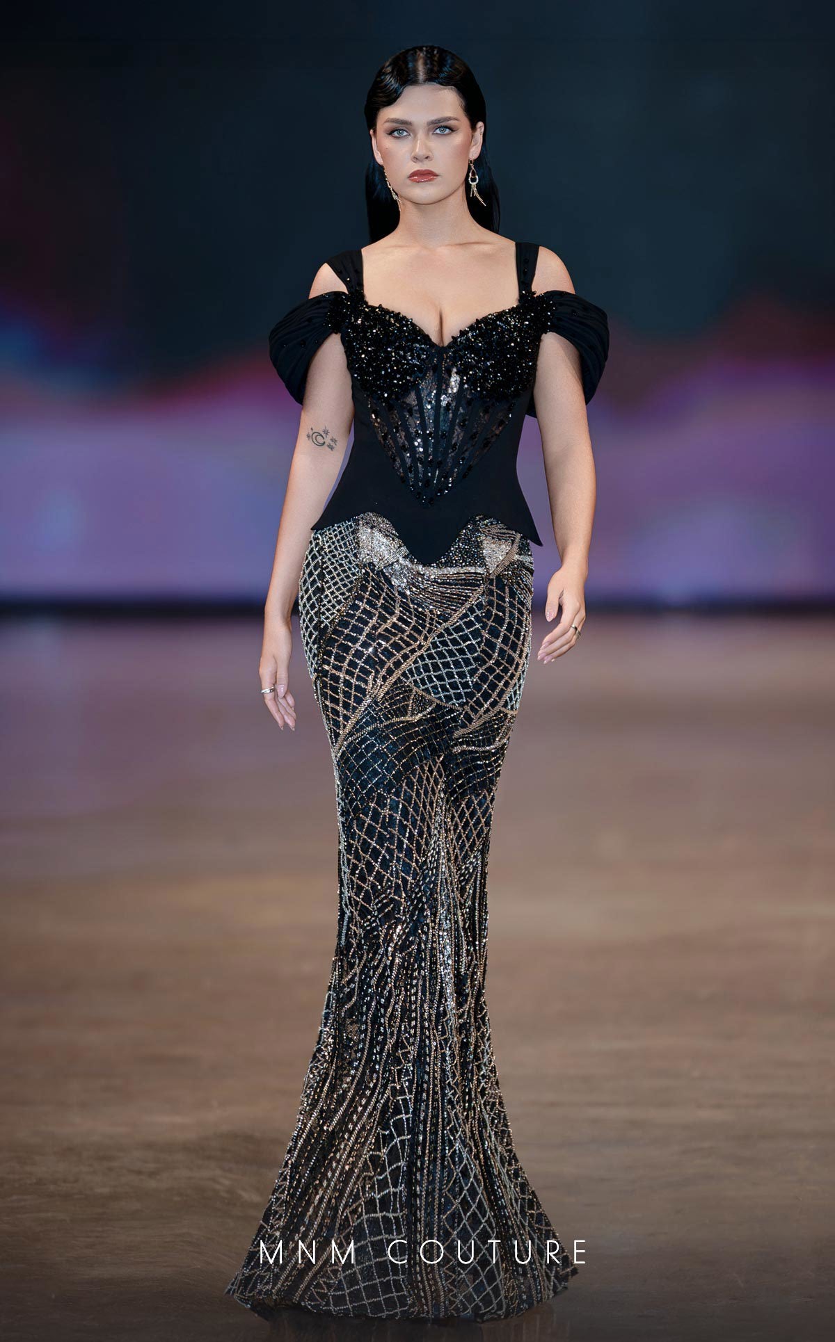 Off-Shoulder Beaded Gown by MNM Couture J03603 in Gold