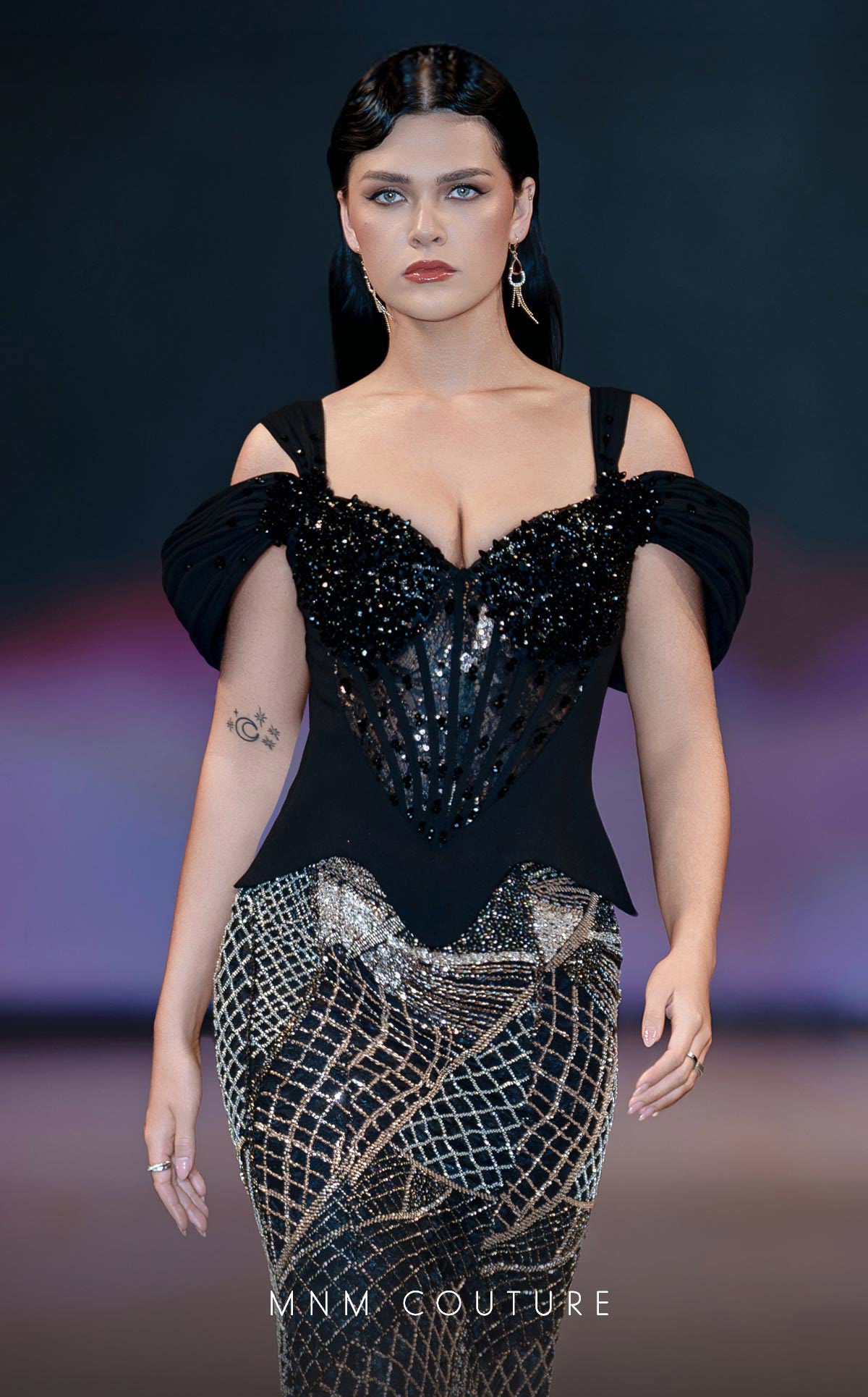 Off-Shoulder Beaded Gown by MNM Couture J03603 in Gold