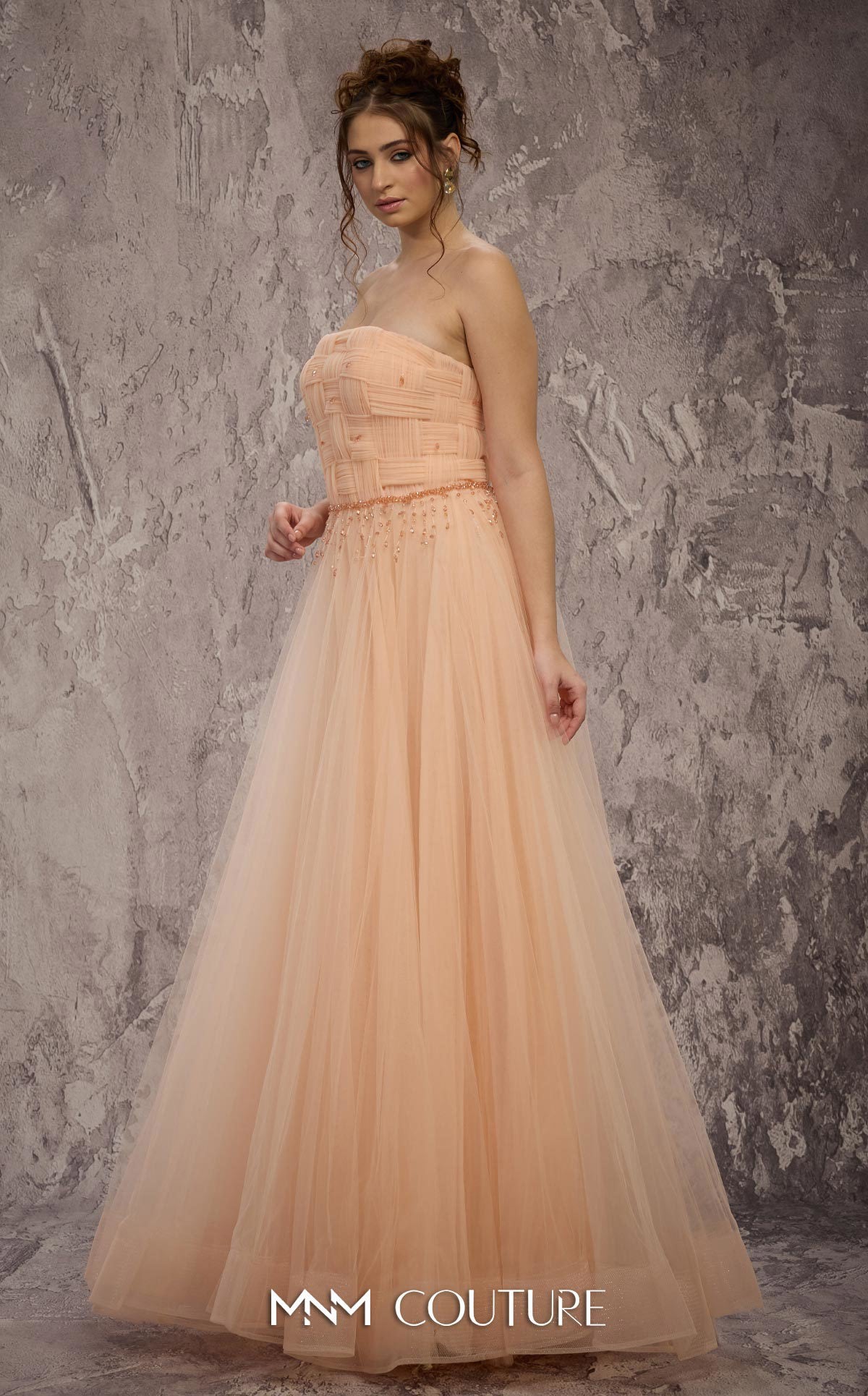 Strapless Long Tulle Prom Dress by MNM Couture J03604 in Gold