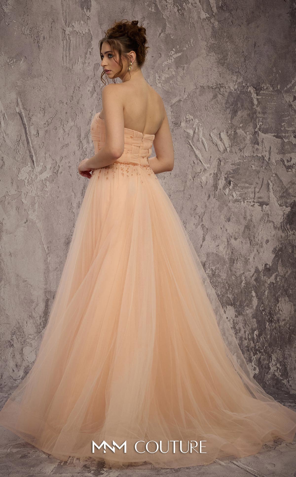 Strapless Long Tulle Prom Dress by MNM Couture J03604 in Gold