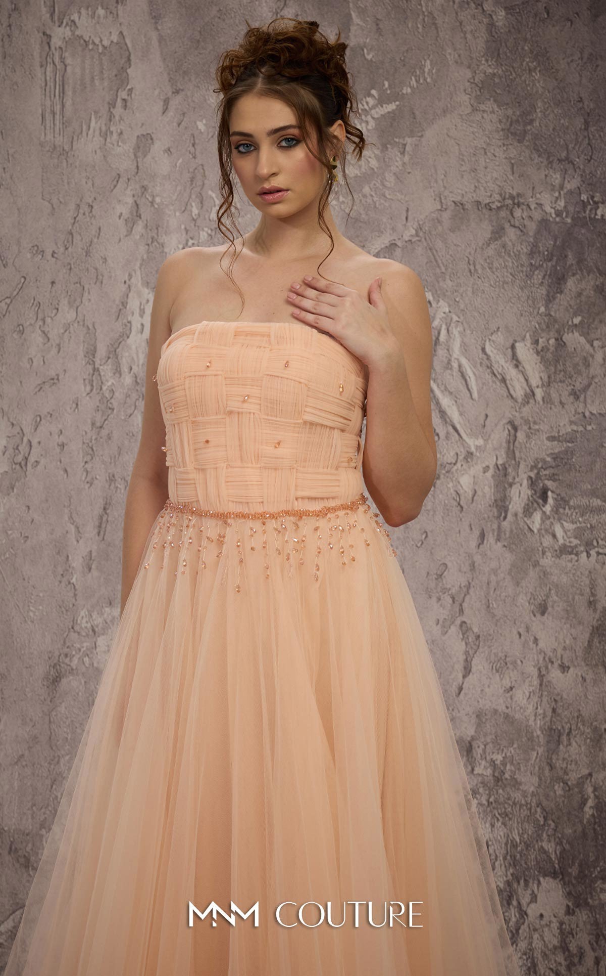 Strapless Long Tulle Prom Dress by MNM Couture J03604 in Gold