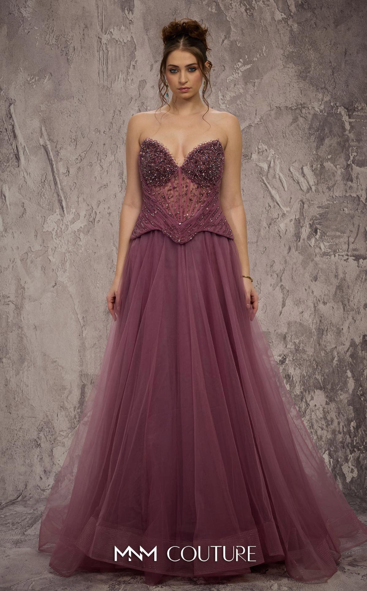 Strapless Full-Length Tulle Prom Dress by MNM Couture J03608 in Lilac
