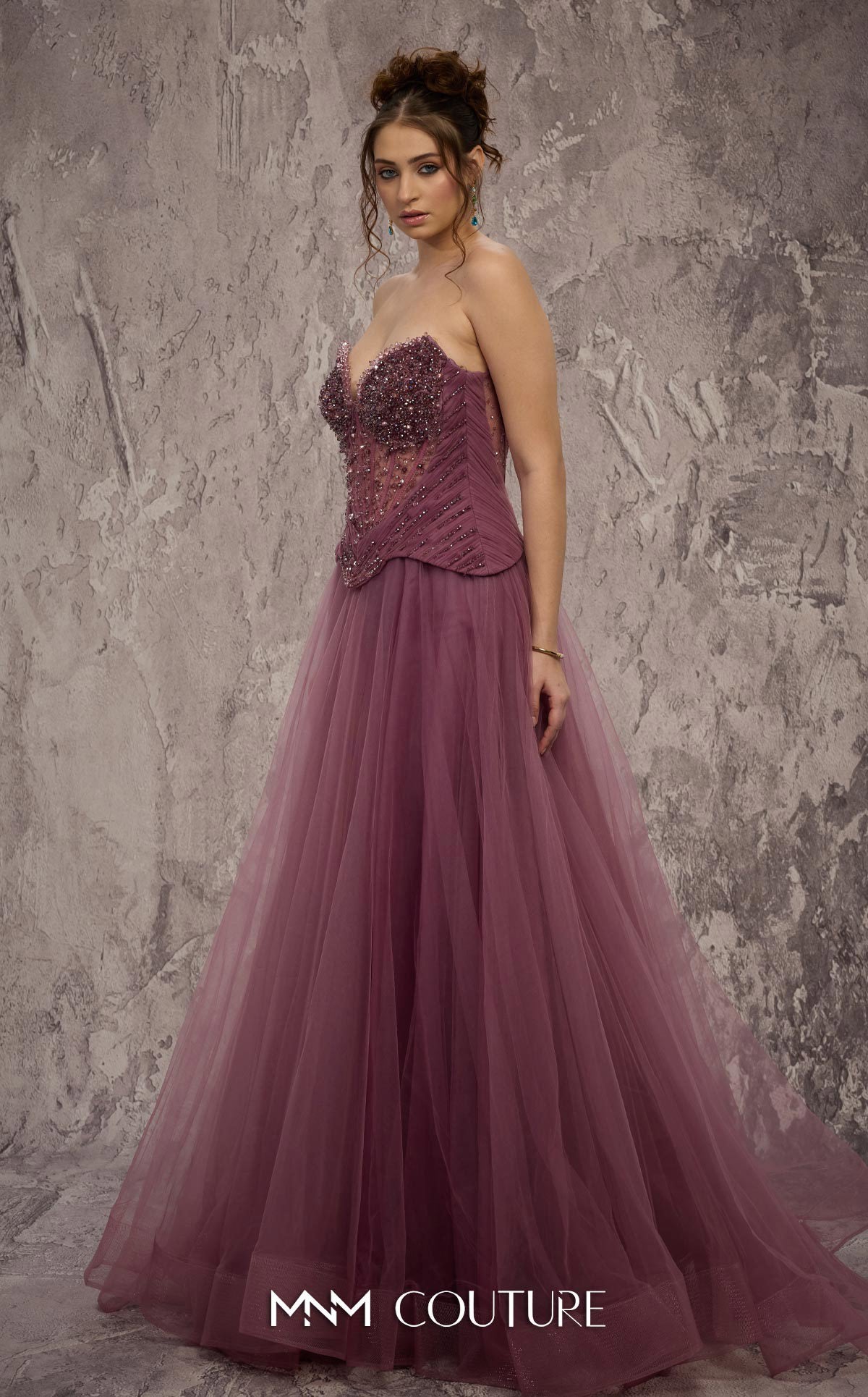 Strapless Full-Length Tulle Prom Dress by MNM Couture J03608 in Lilac