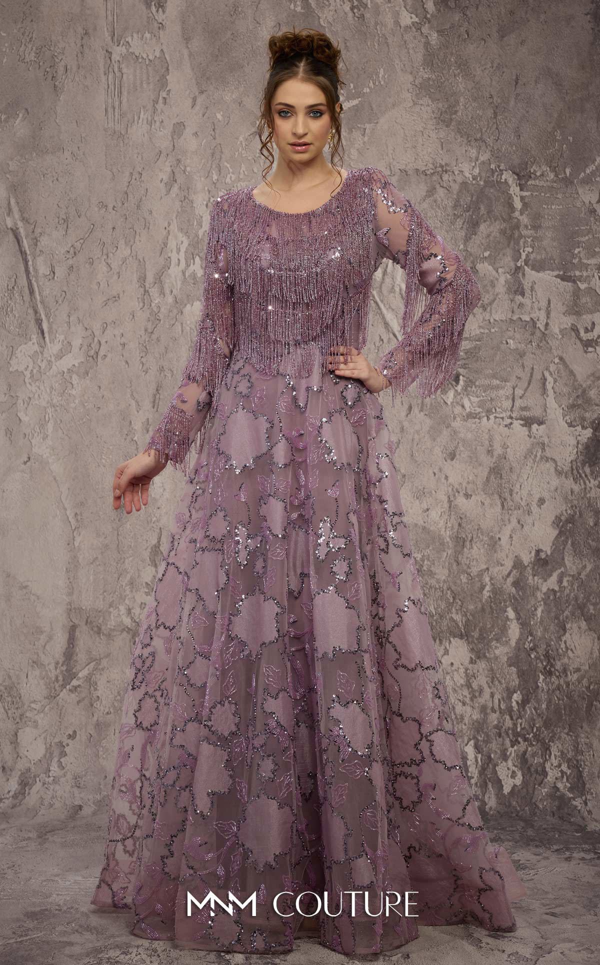 Round Neck Long Embroidered Evening Gown by MNM Couture J03621 in Lilac