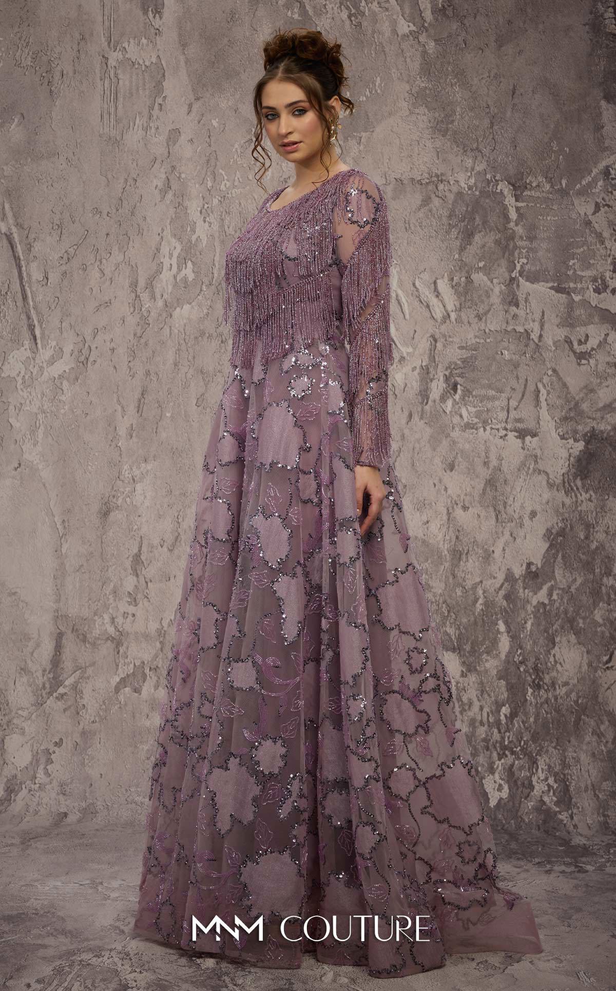 Round Neck Long Embroidered Evening Gown by MNM Couture J03621 in Lilac