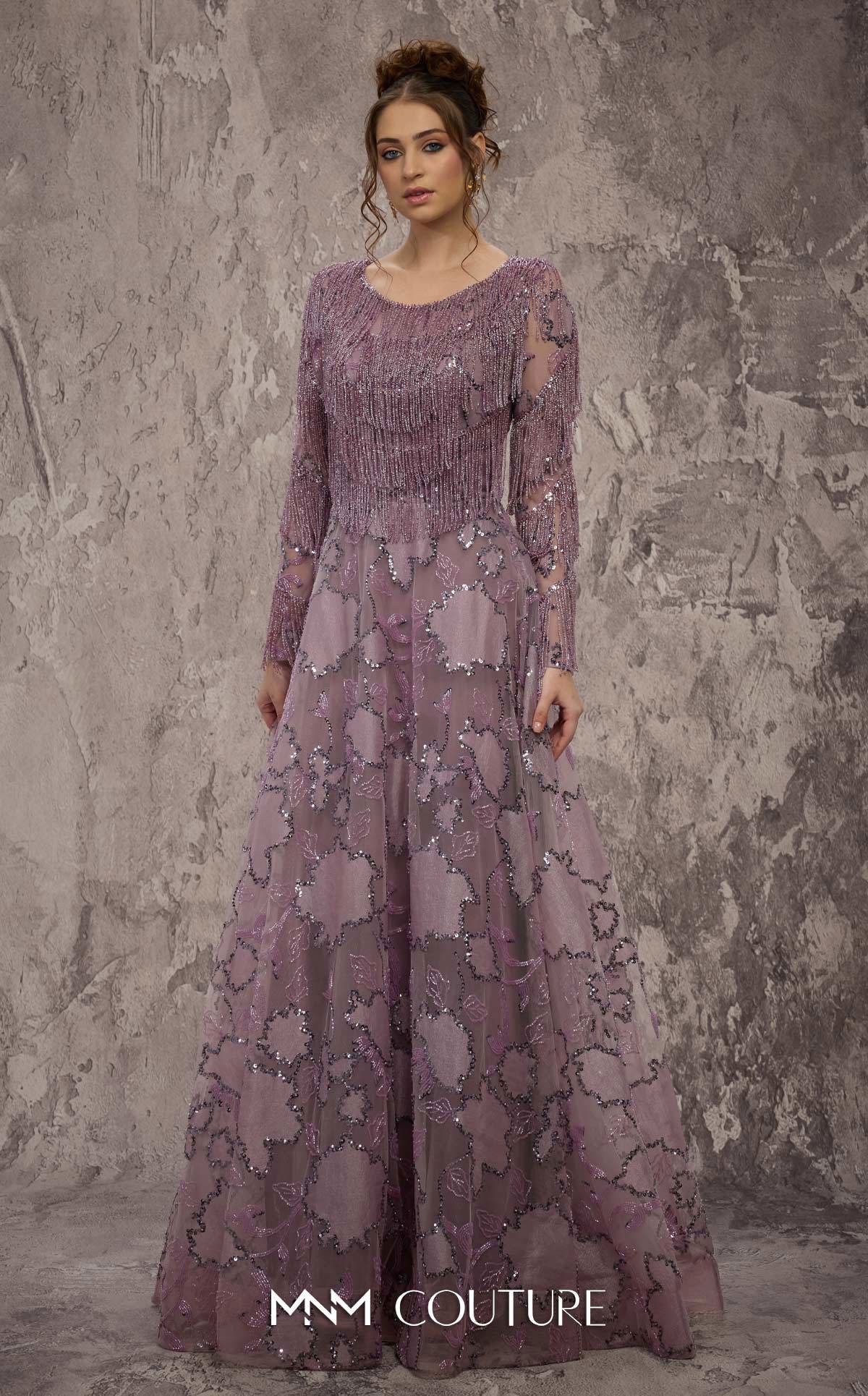 Round Neck Long Embroidered Evening Gown by MNM Couture J03621 in Lilac