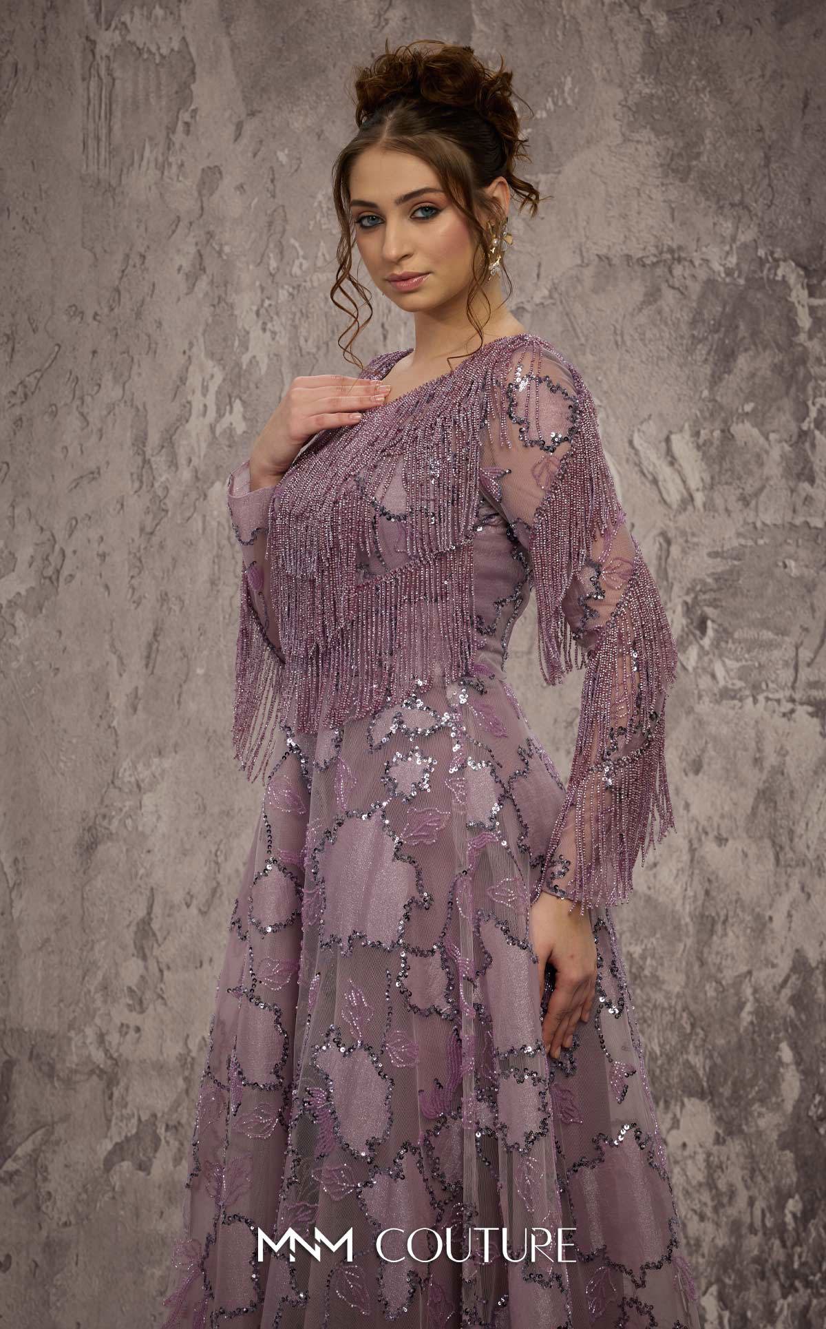 Round Neck Long Embroidered Evening Gown by MNM Couture J03621 in Lilac