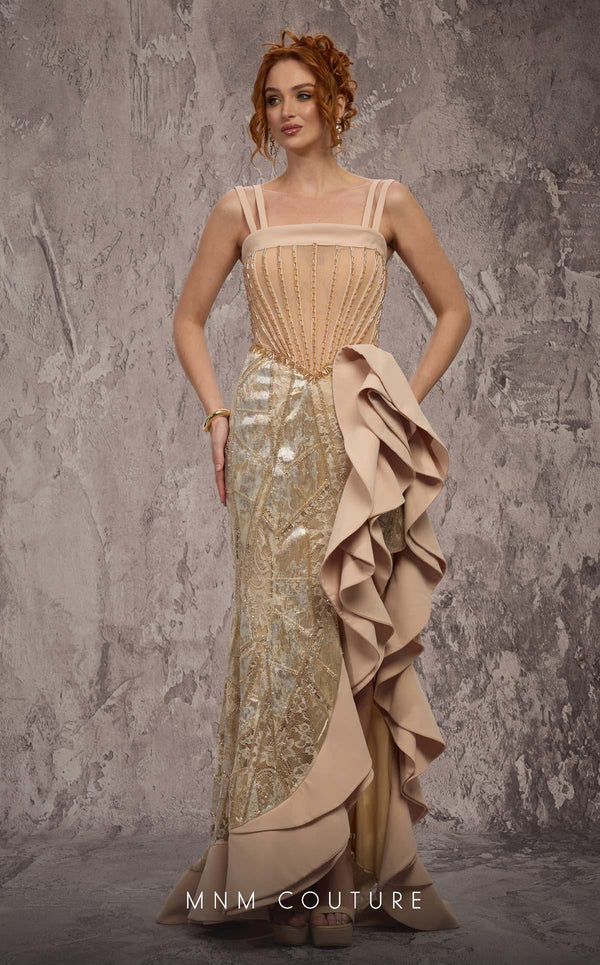 Square Neck Long Embellished Gown by MNM Couture J03632