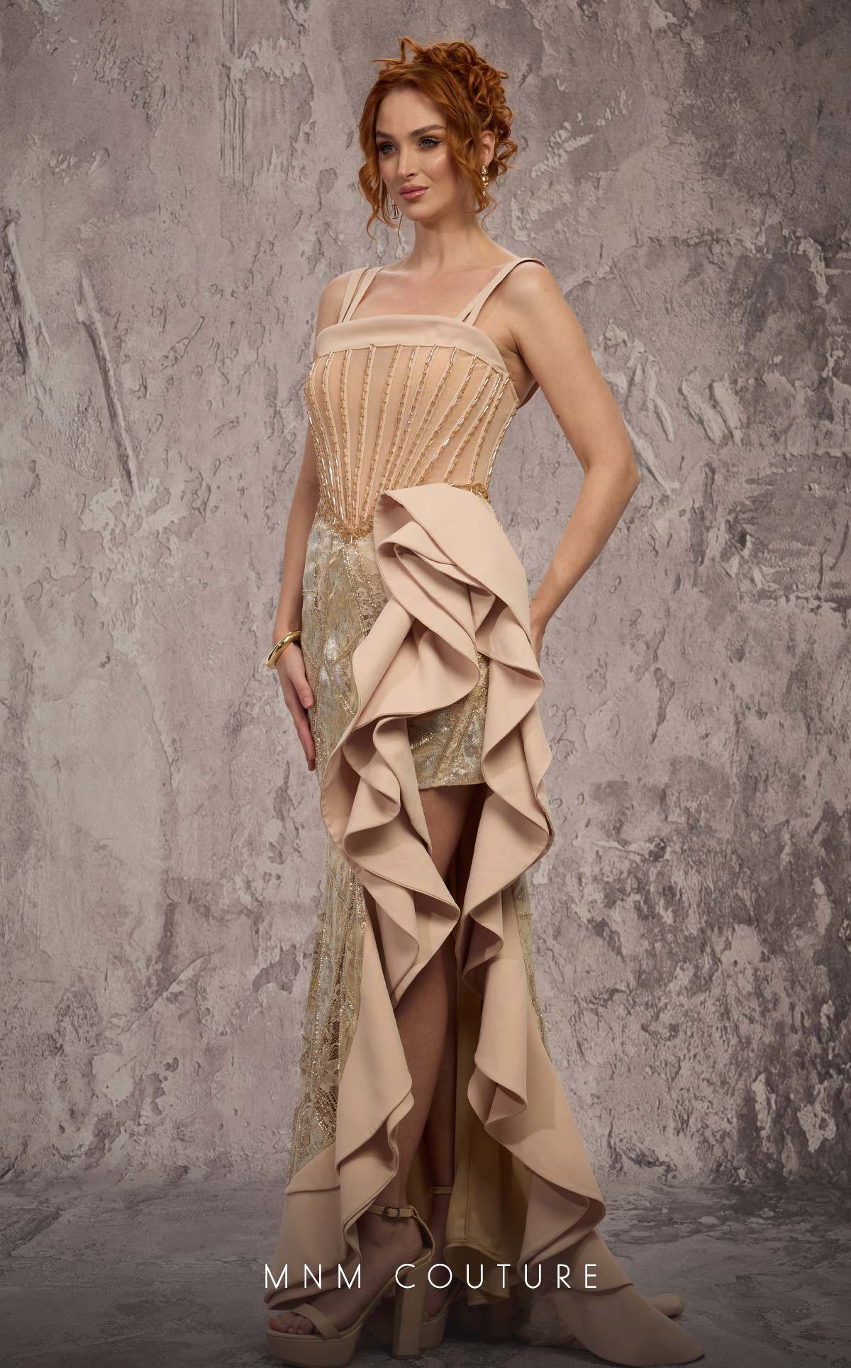 Square Neck Long Embellished Gown by MNM Couture J03632 in Gold