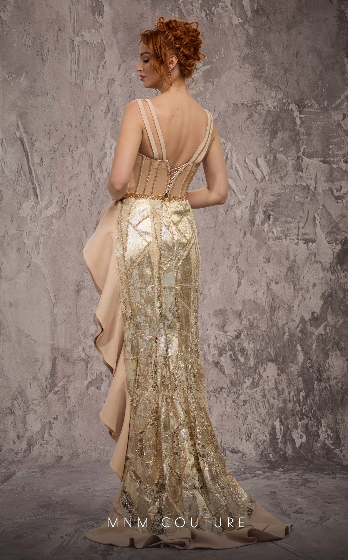 Square Neck Long Embellished Gown by MNM Couture J03632 in Gold