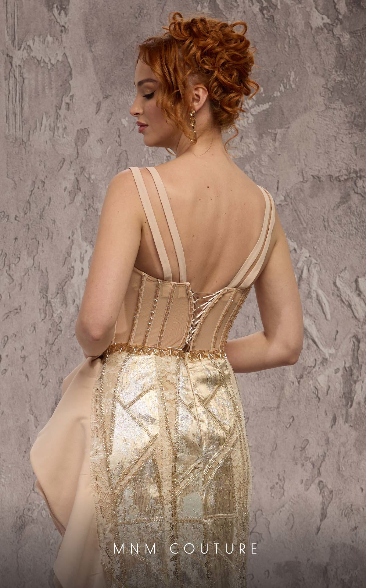Square Neck Long Embellished Gown by MNM Couture J03632 in Gold