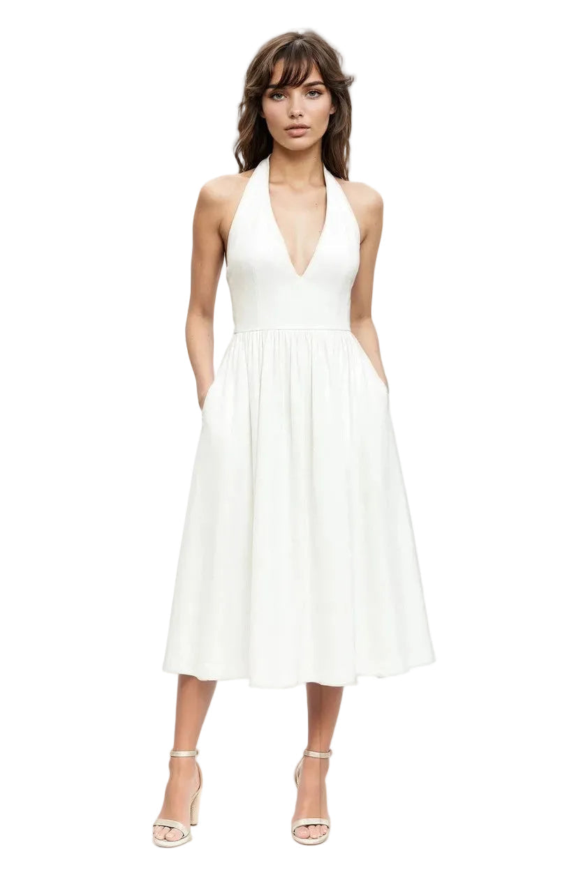 White Badgley Mischka J0558 Halter V-Neck Midi Jacquard Dress Pockets