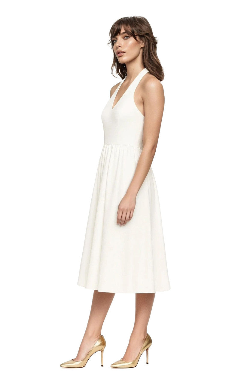 White Badgley Mischka J0558 Halter V-Neck Midi Jacquard Dress Pockets