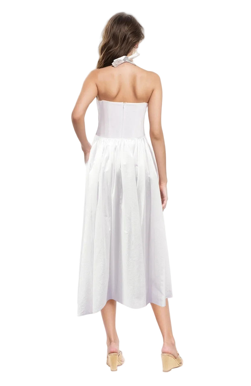 White Badgley Mischka J0558 Halter V-Neck Midi Jacquard Dress Pockets