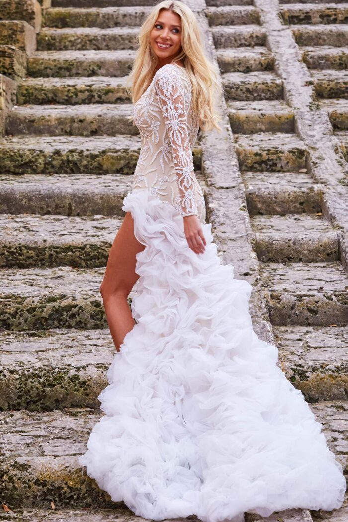 Jovani JB07059 Long Sleeve Beaded Ruffle Wedding Dress